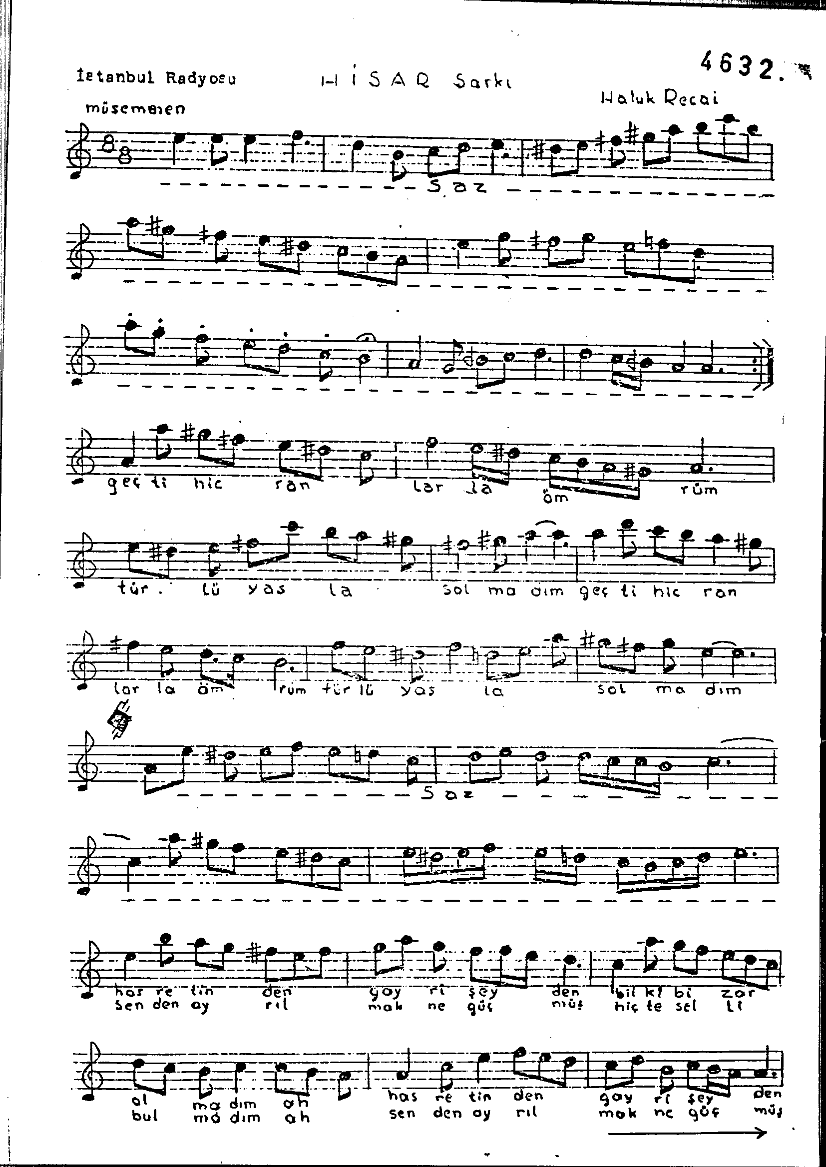 Hisâr - Şarkı - Halûk Recâî - Sayfa 1