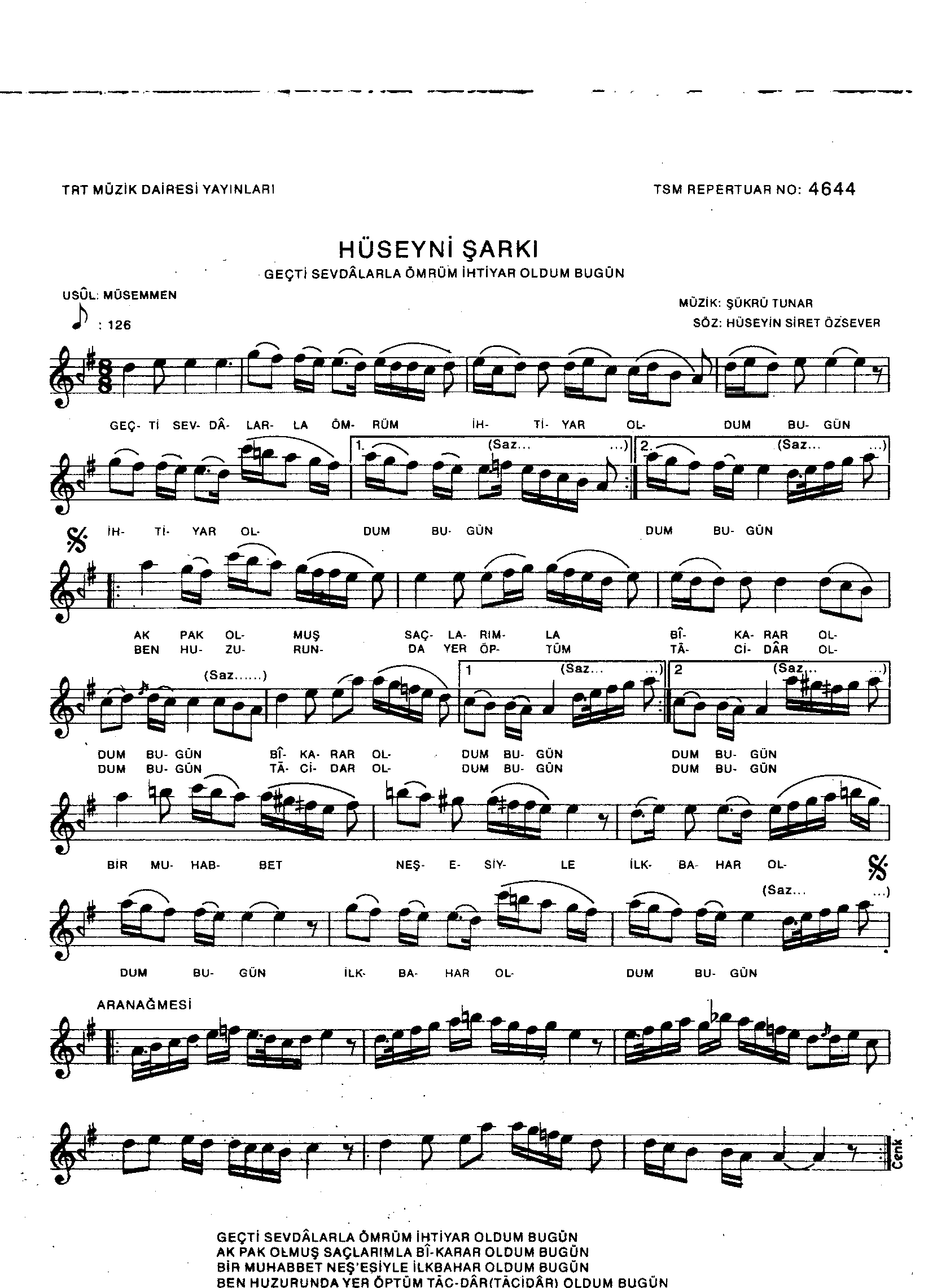 Hüseynî - Şarkı - Şükrü Tunar - Sayfa 1
