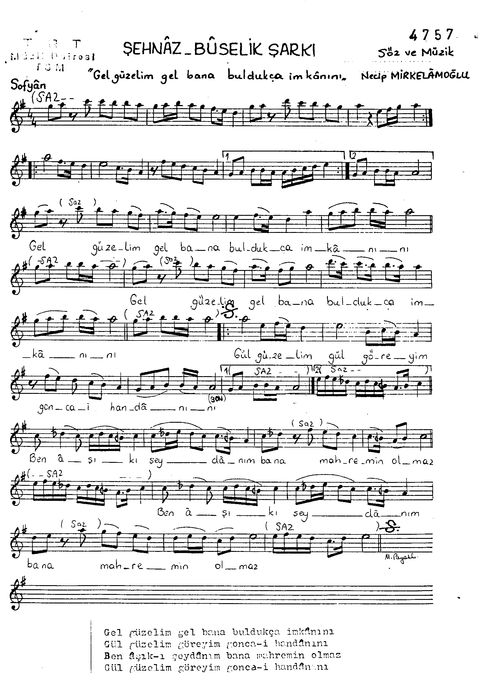 Şehnâz Bûselik - Şarkı - Necip Mirkelâmoğlu - Sayfa 1