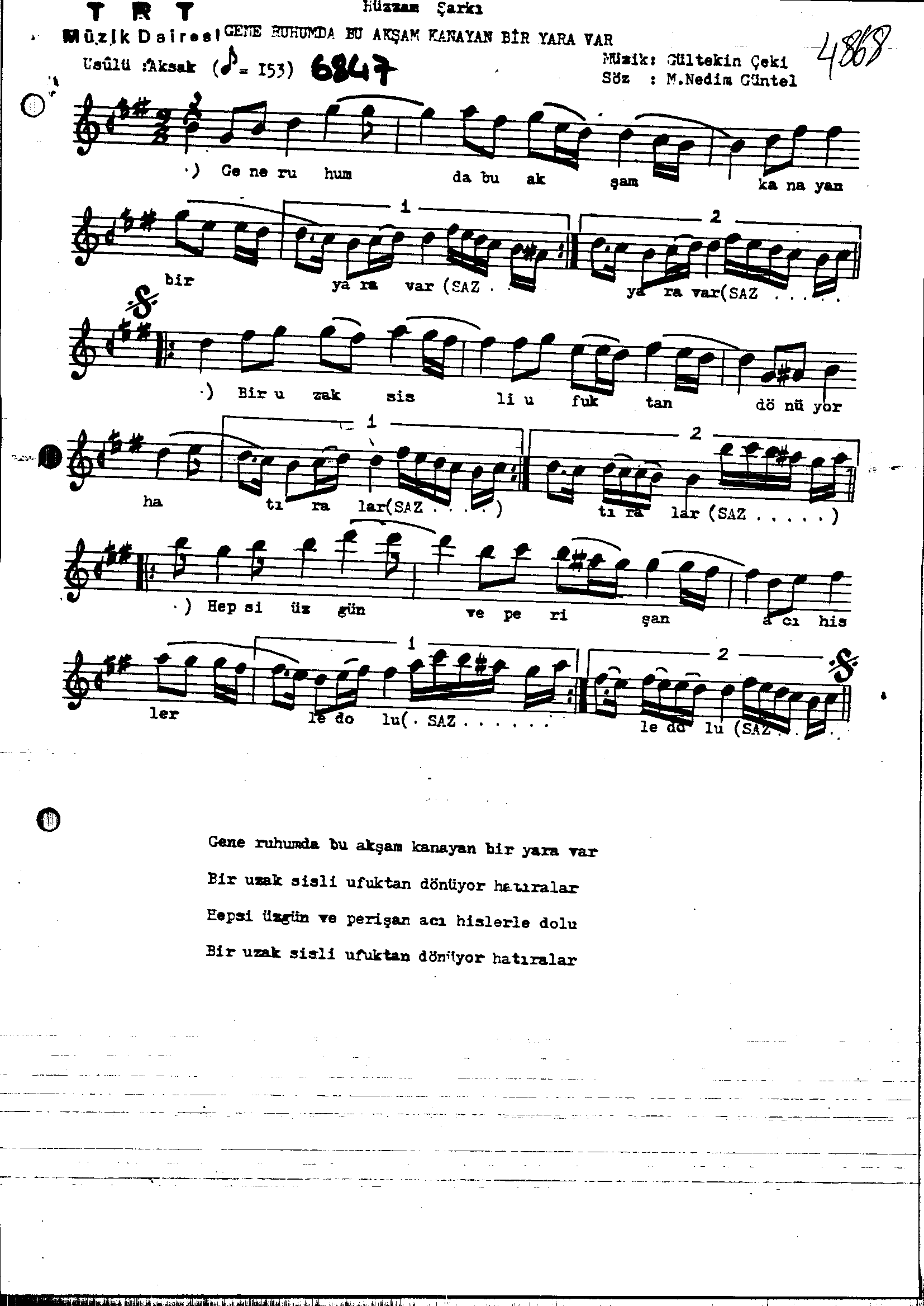 Hüzzâm - Şarkı - Gültekin Çeki - Sayfa 1