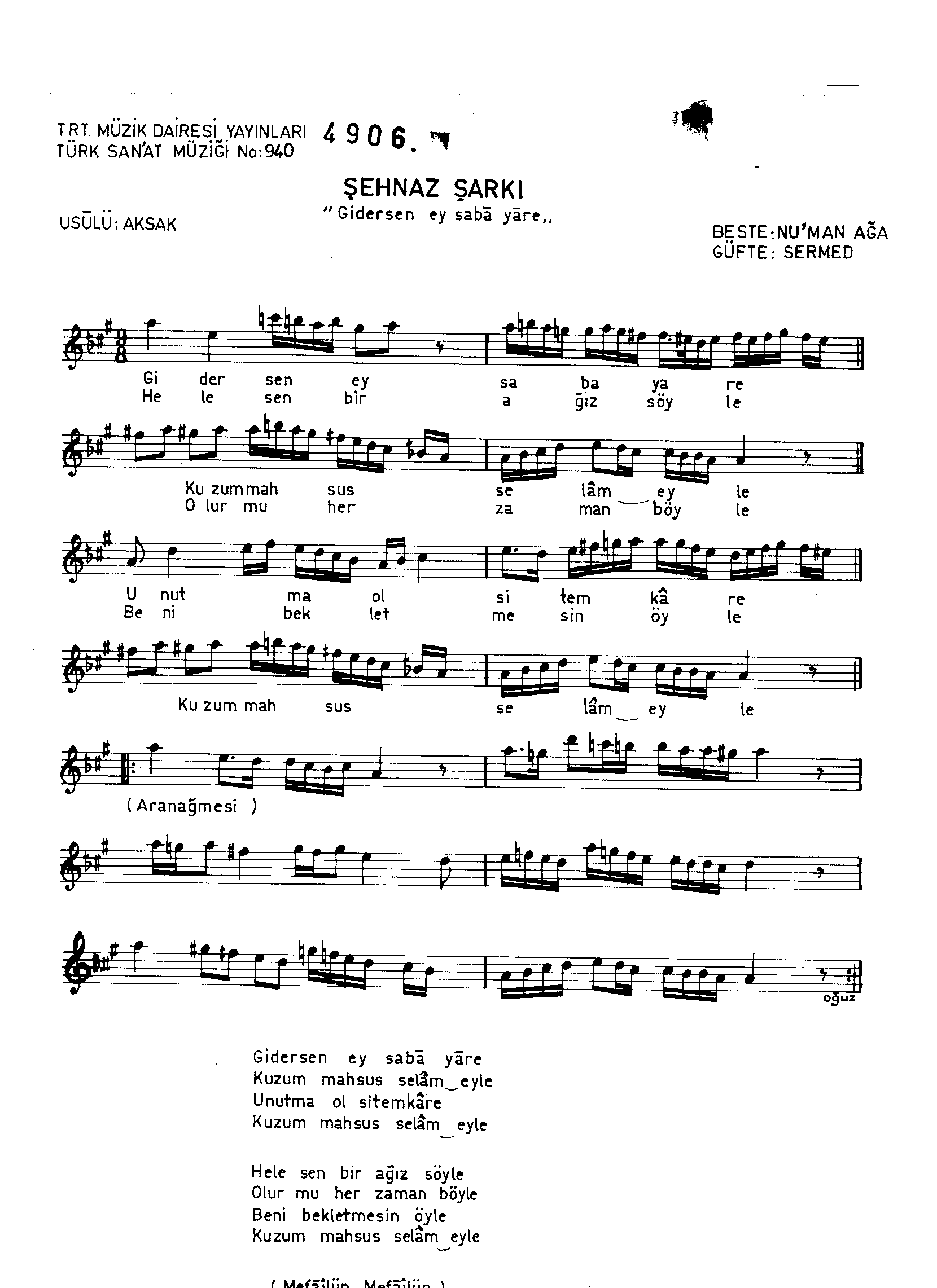 Şehnâz - Şarkı - Nûman Ağa - Sayfa 1