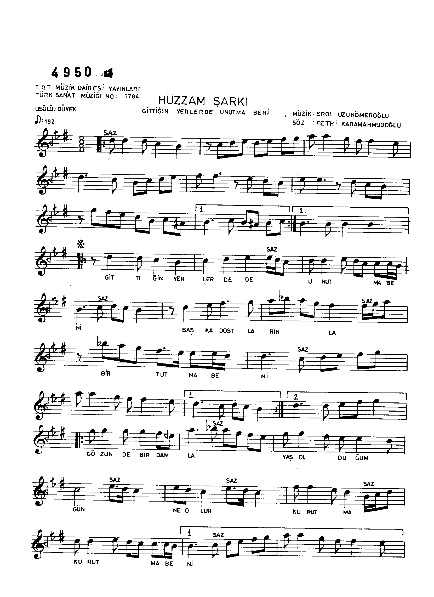 Hüzzâm - Şarkı - Erol Uzunöner(Uzunömeroğlu) - Sayfa 1