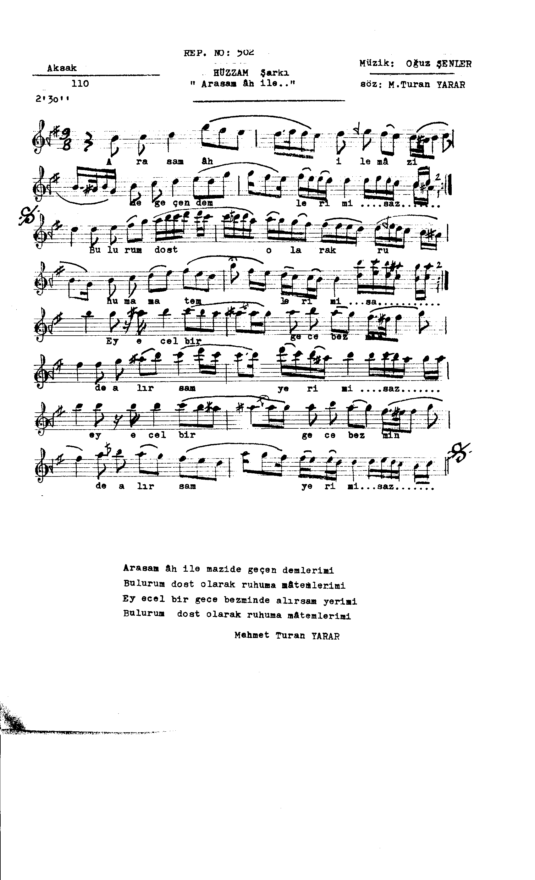 Hüzzâm - Şarkı - Oğuz Şenler - Sayfa 1