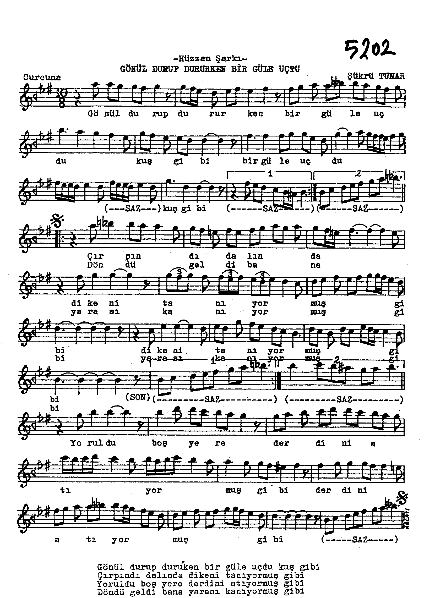 Hüzzâm - Şarkı - Şükrü Tunar - Sayfa 1