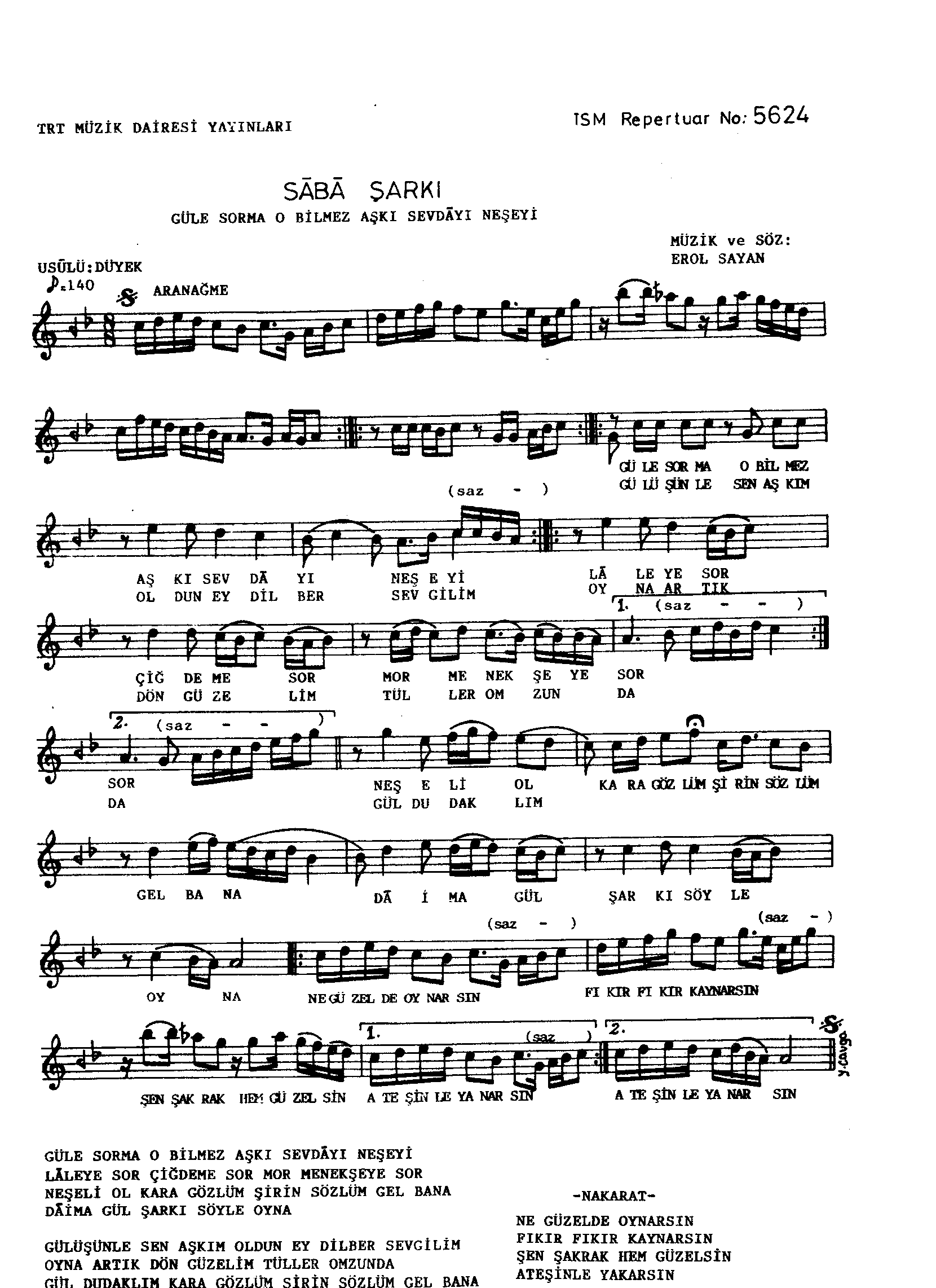Sabâ - Şarkı - Erol Sayan - Sayfa 1