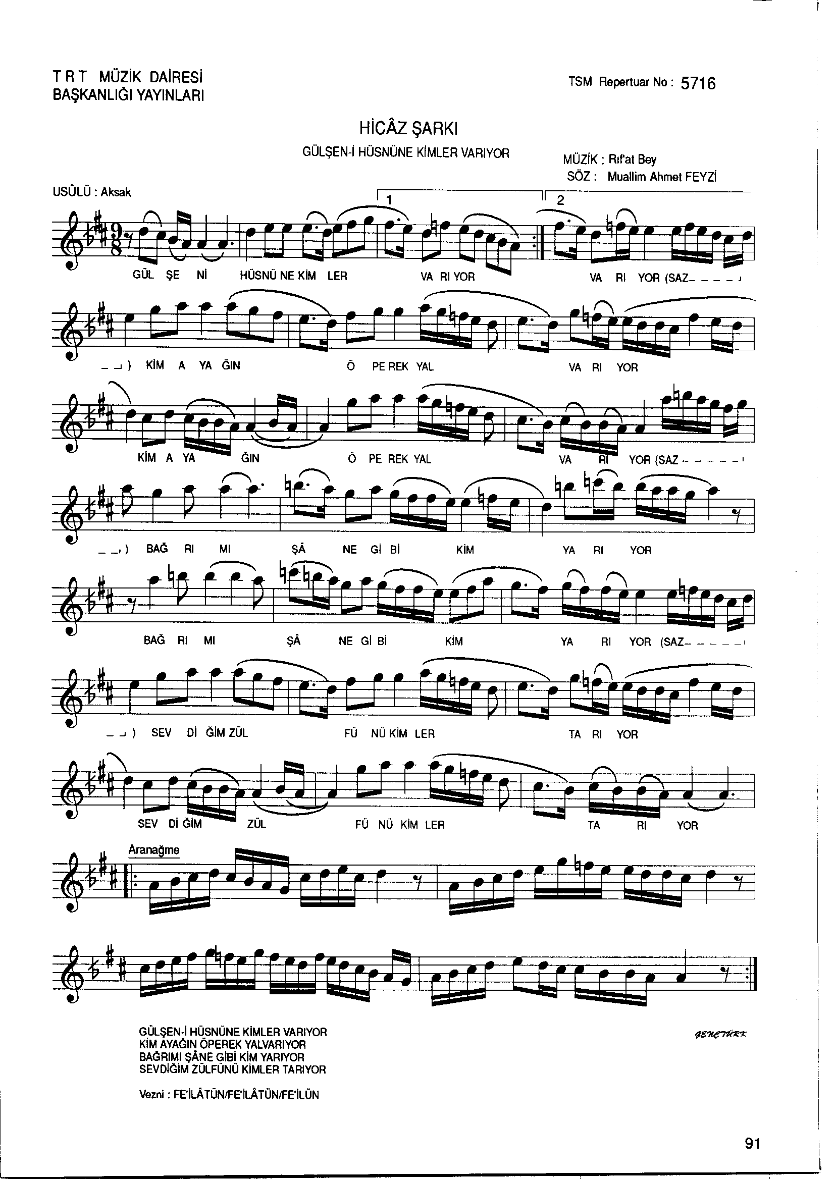 Hicâz - Şarkı - Rif'at Bey - Sayfa 1