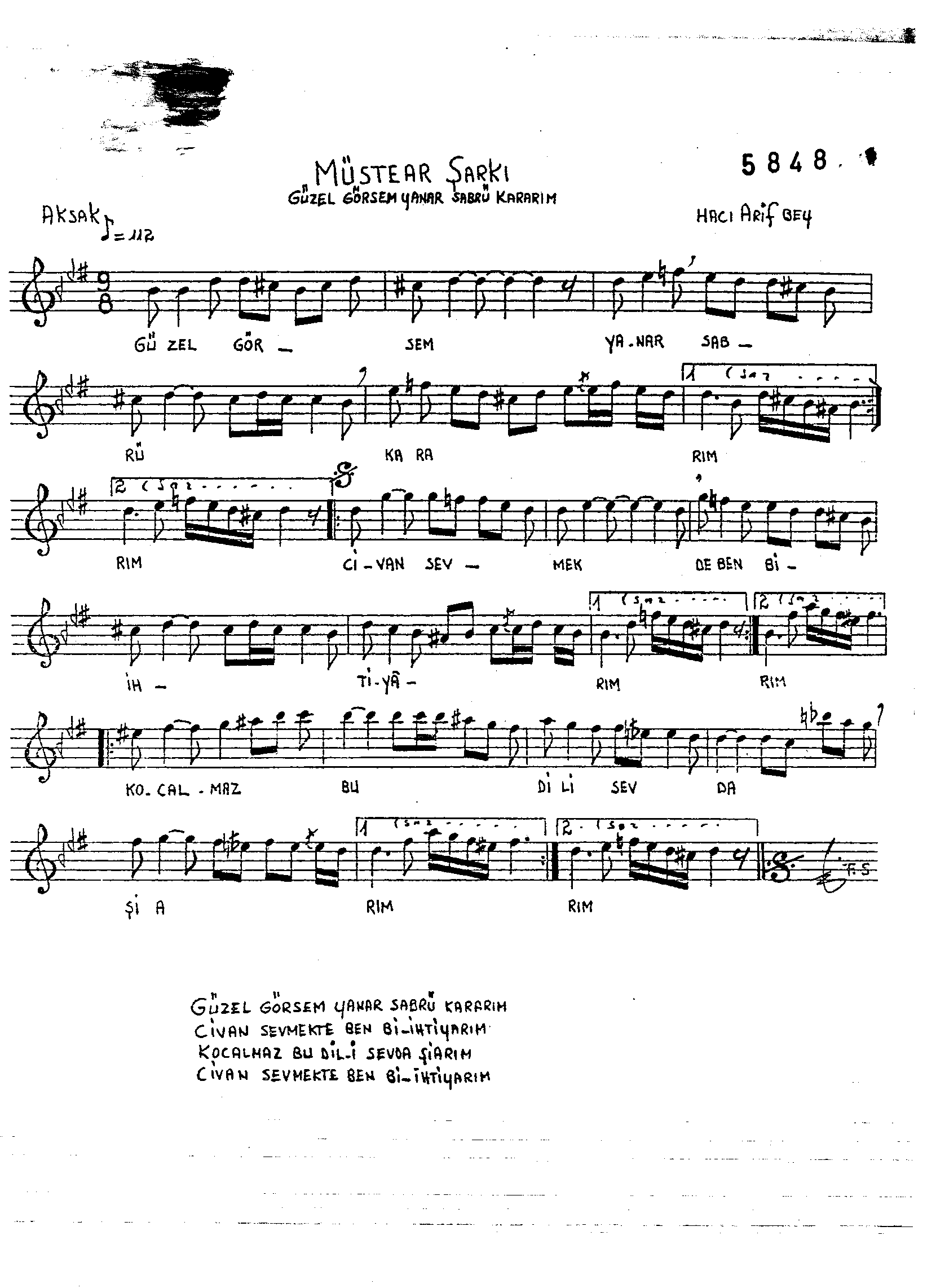 Müsteâr - Şarkı - Hacı Arif Bey - Sayfa 1
