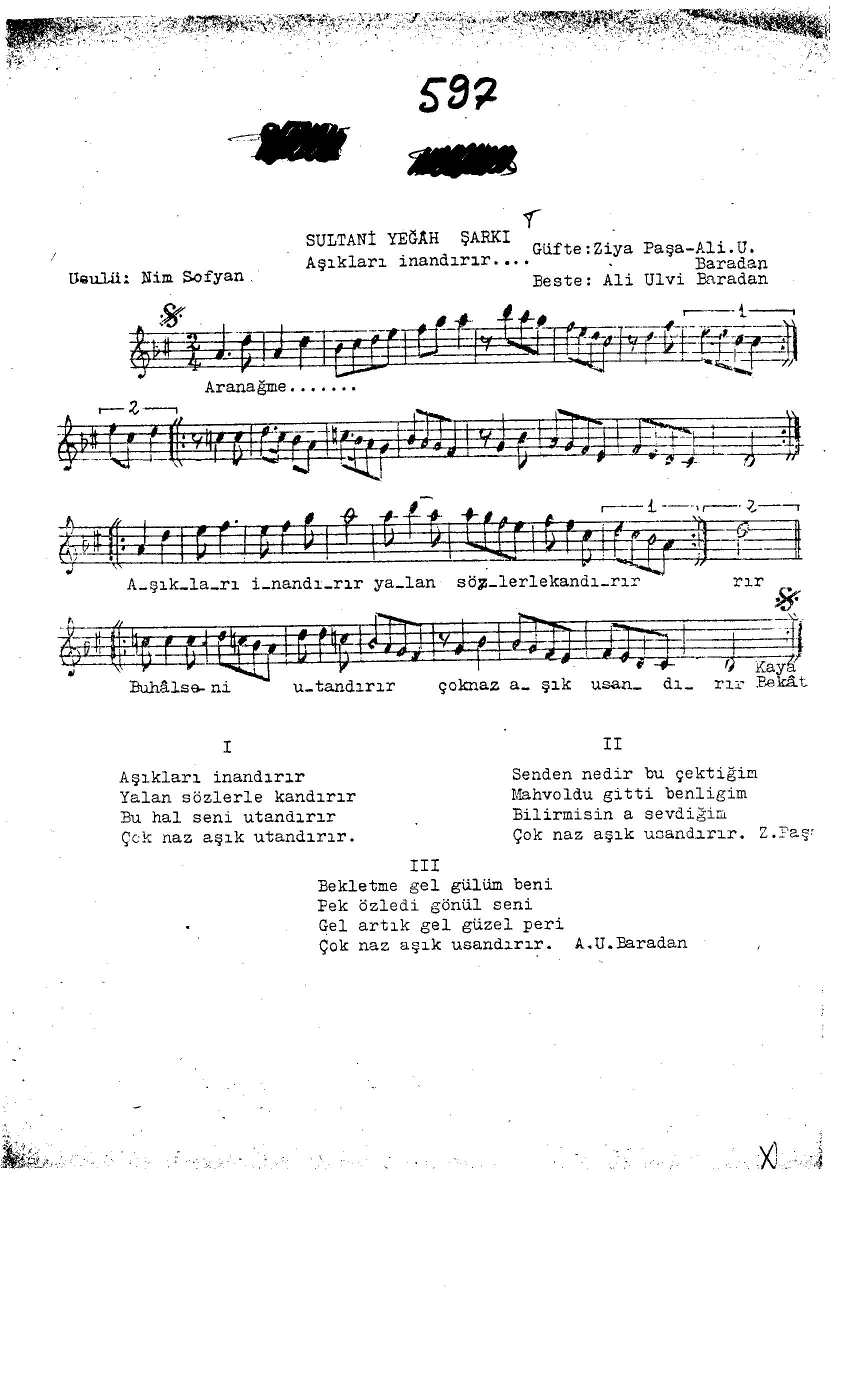 Sultânî-Yegâh - Şarkı - Ali Ulvi Baradan - Sayfa 1