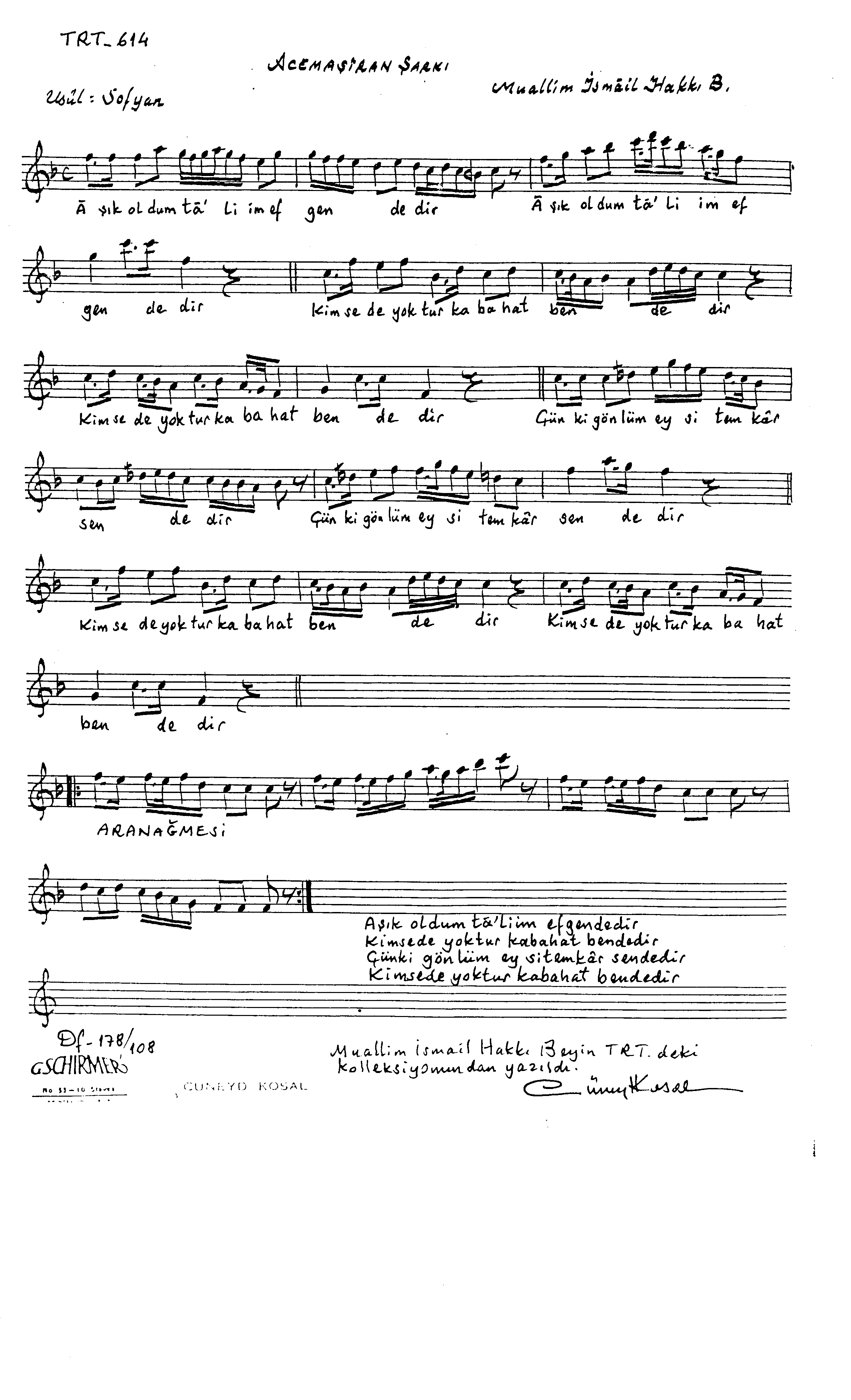 Acem Aşîrân - Şarkı - Muallim İsmail Hakkı Bey - Sayfa 1