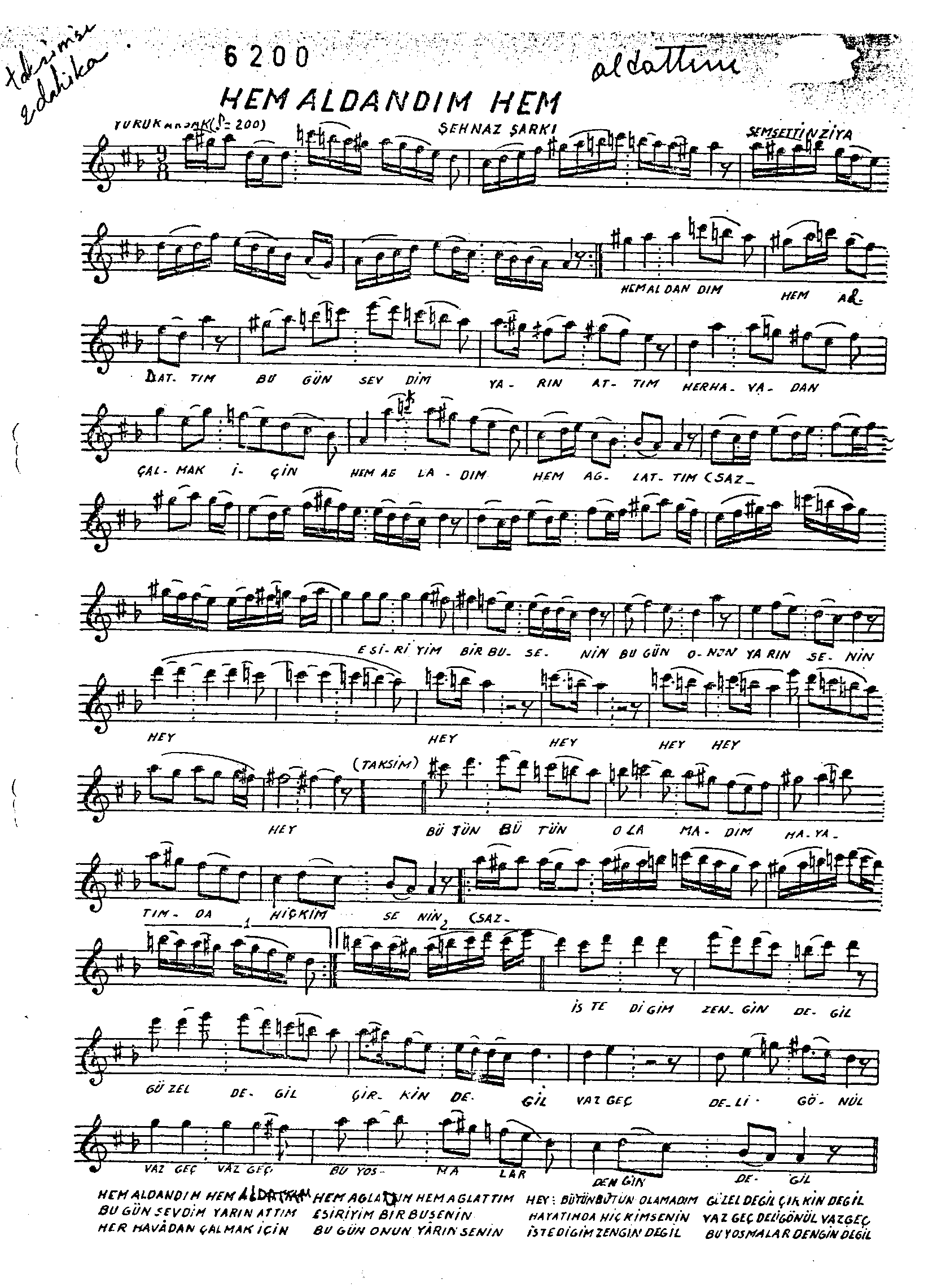 Şehnâz - Şarkı - Şemsettin Ziyâ Bey - Sayfa 1
