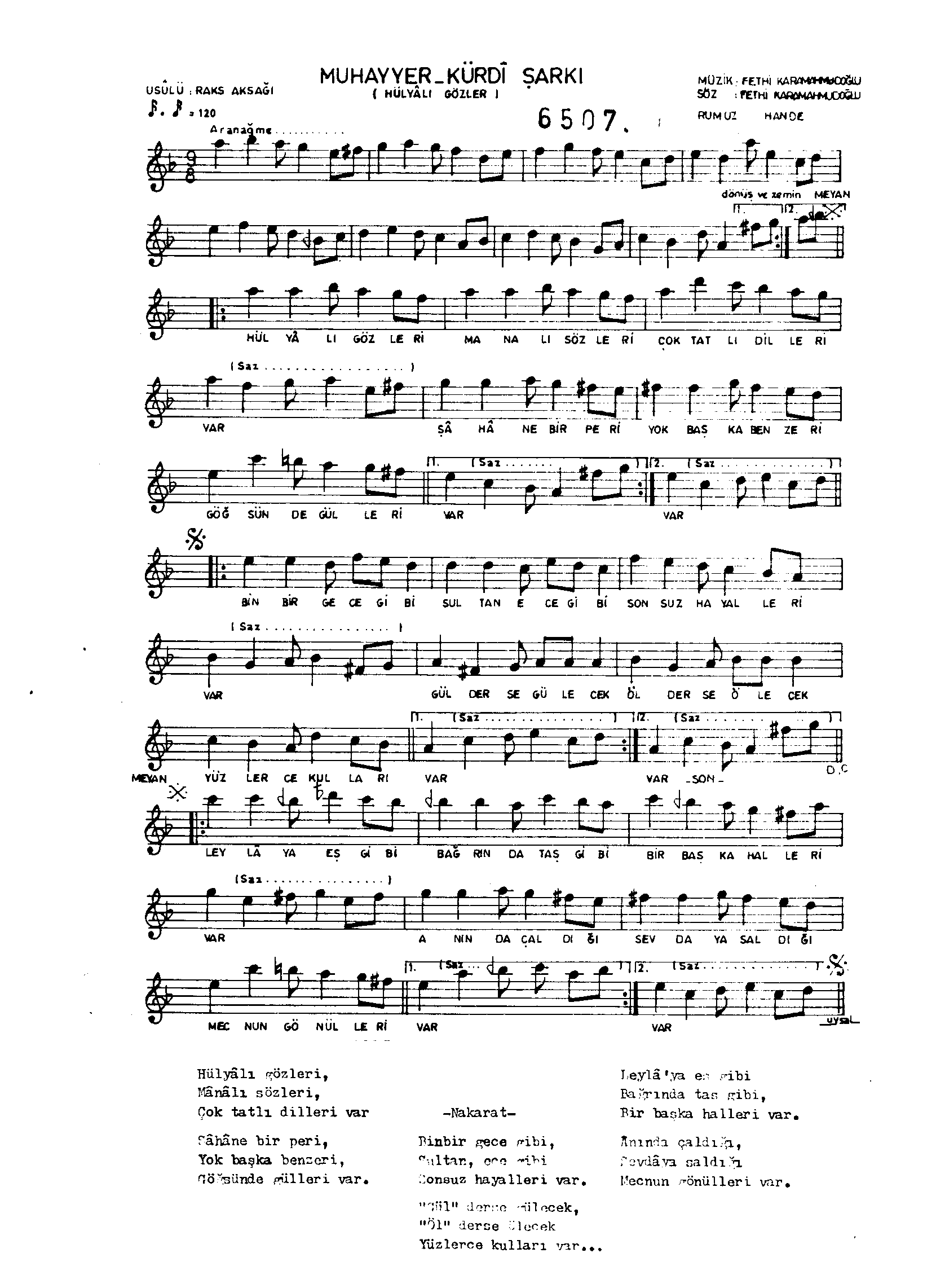 Muhayyer Kürdî - Şarkı - Fethi Karamahmudoğlu - Sayfa 1