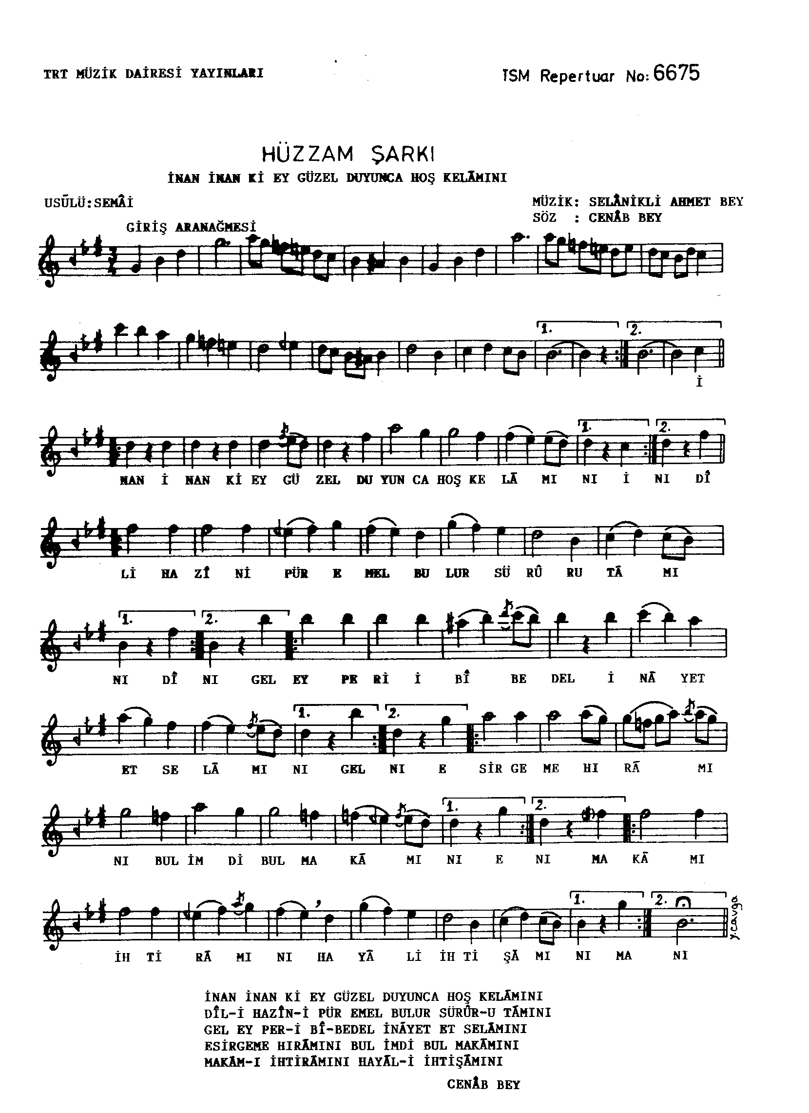 Hüzzâm - Şarkı - Selânik'li Ahmet Efendi - Sayfa 1