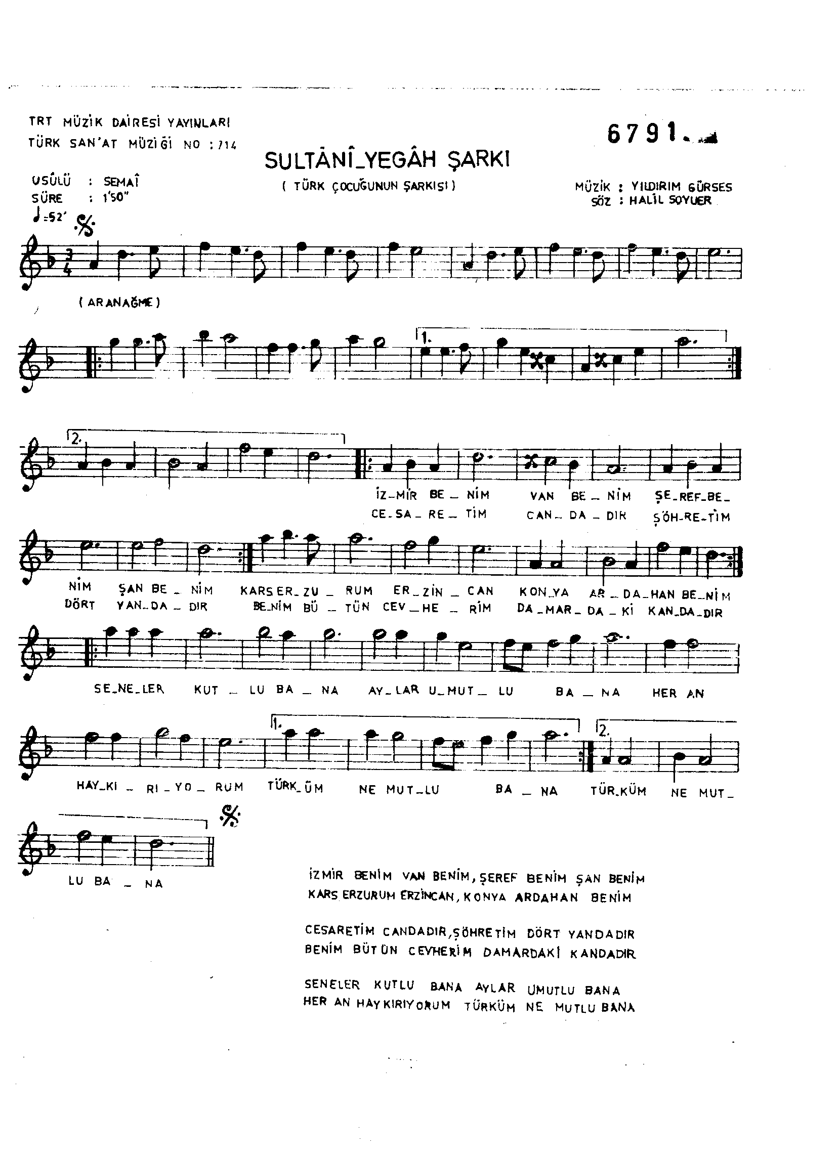 Sultânî-Yegâh - Çocuk Şarkısı - Yıldırım Gürses - Sayfa 1