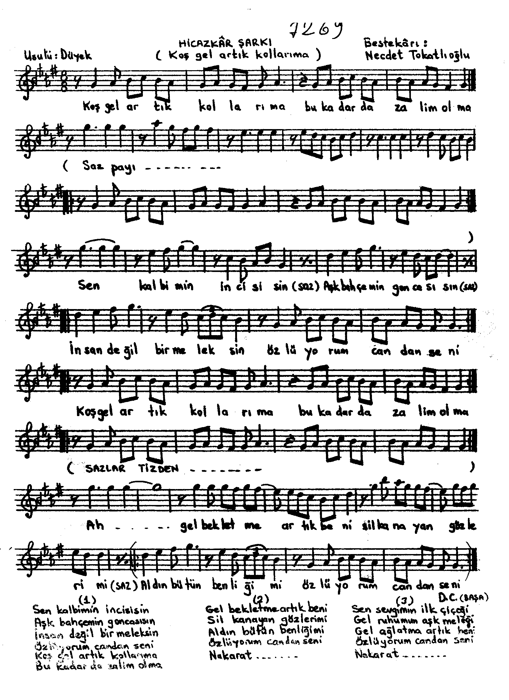 Hicâzkâr - Şarkı - Necdet Tokatlıoğlu - Sayfa 1