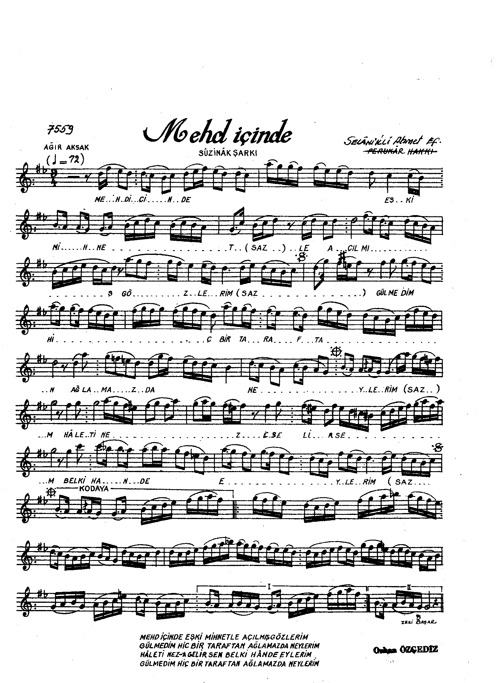 Sûz-Nâk - Şarkı - Selânik'li Ahmet Efendi - Sayfa 1