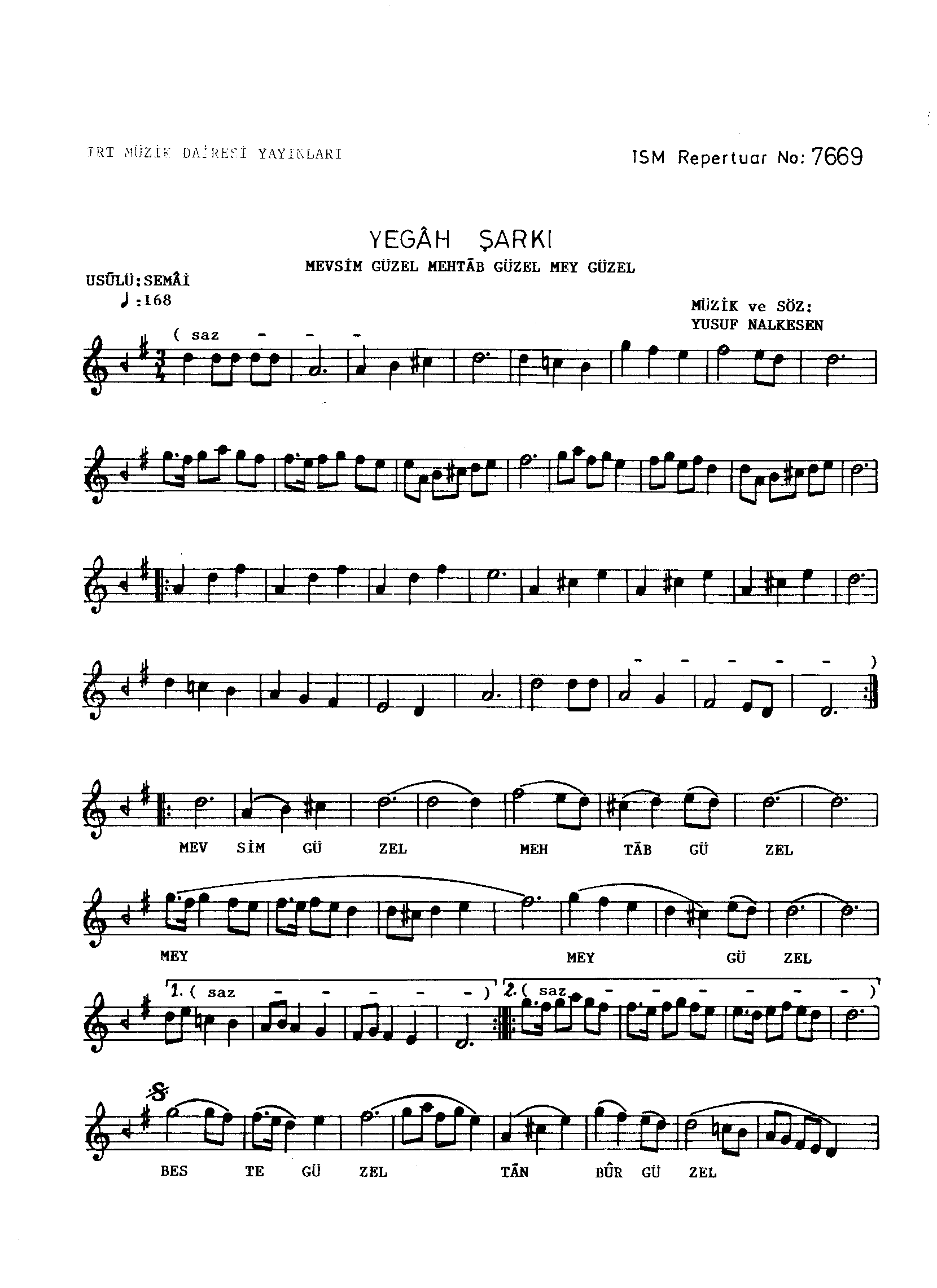 Yegah - Şarkı - Yusuf Nalkesen - Sayfa 1