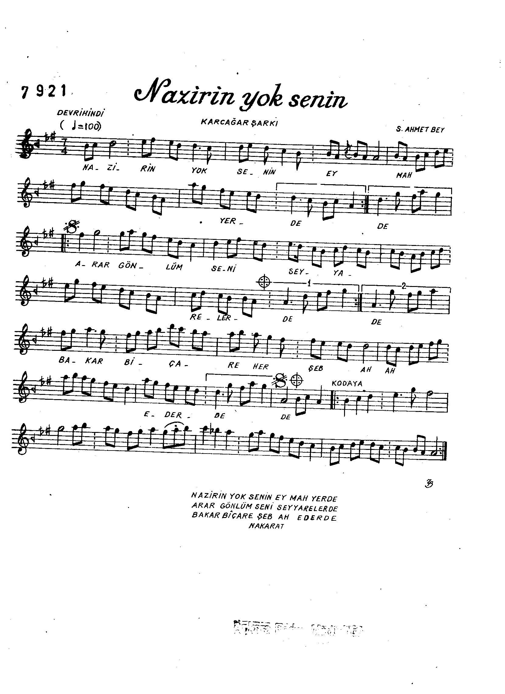 Karcığar - Şarkı - Selânik'li Ahmet Efendi - Sayfa 1