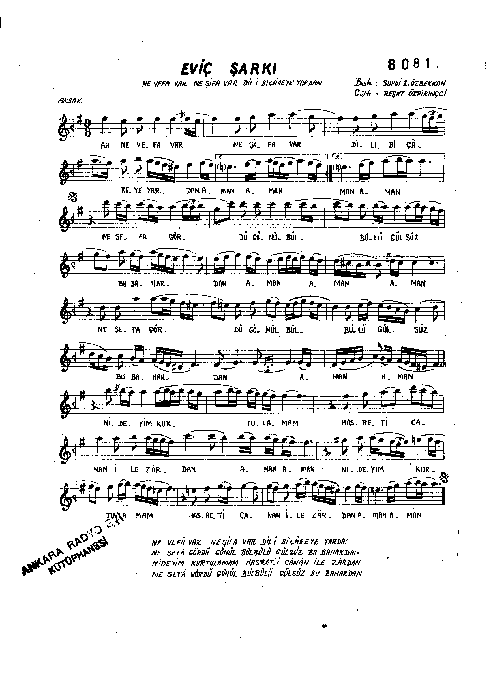 Evc - Şarkı - Suphi Ziyâ Özbekkan - Sayfa 1