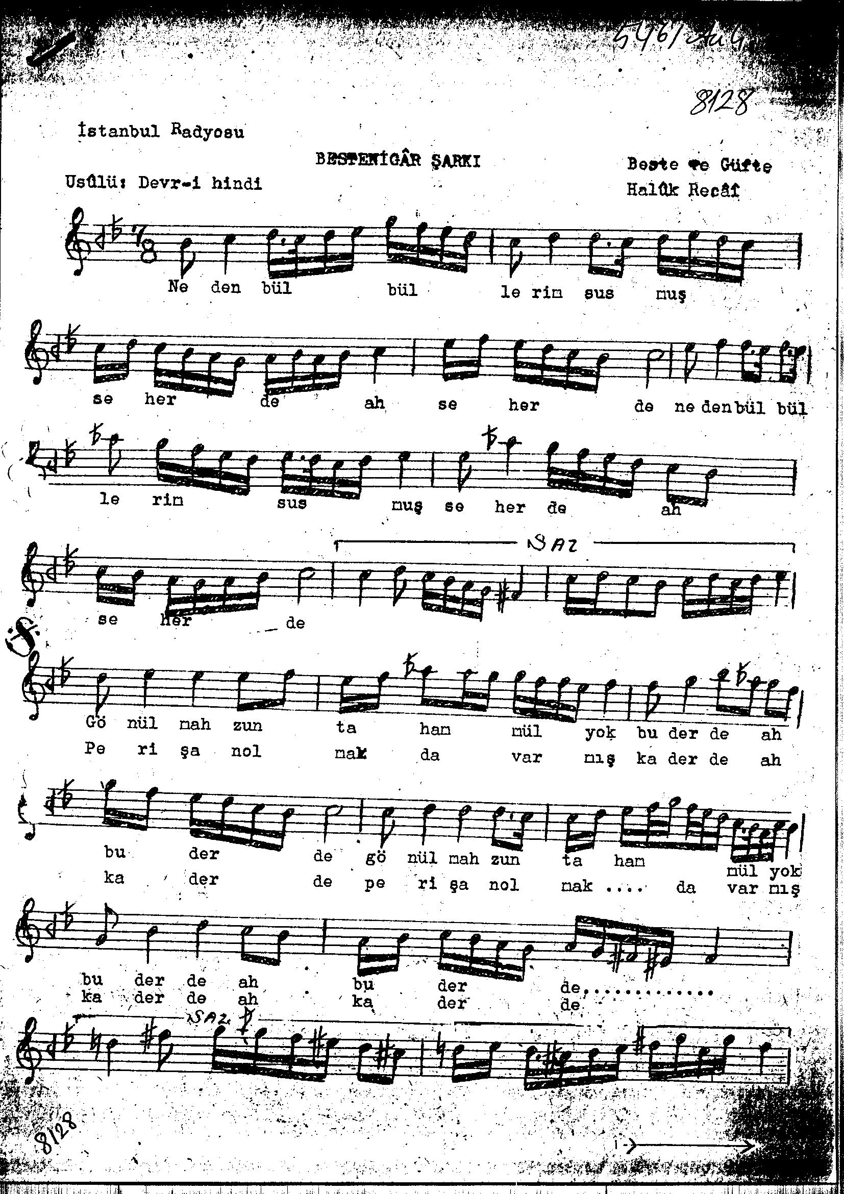 Bestenigâr - Şarkı - Halûk Recâî - Sayfa 1