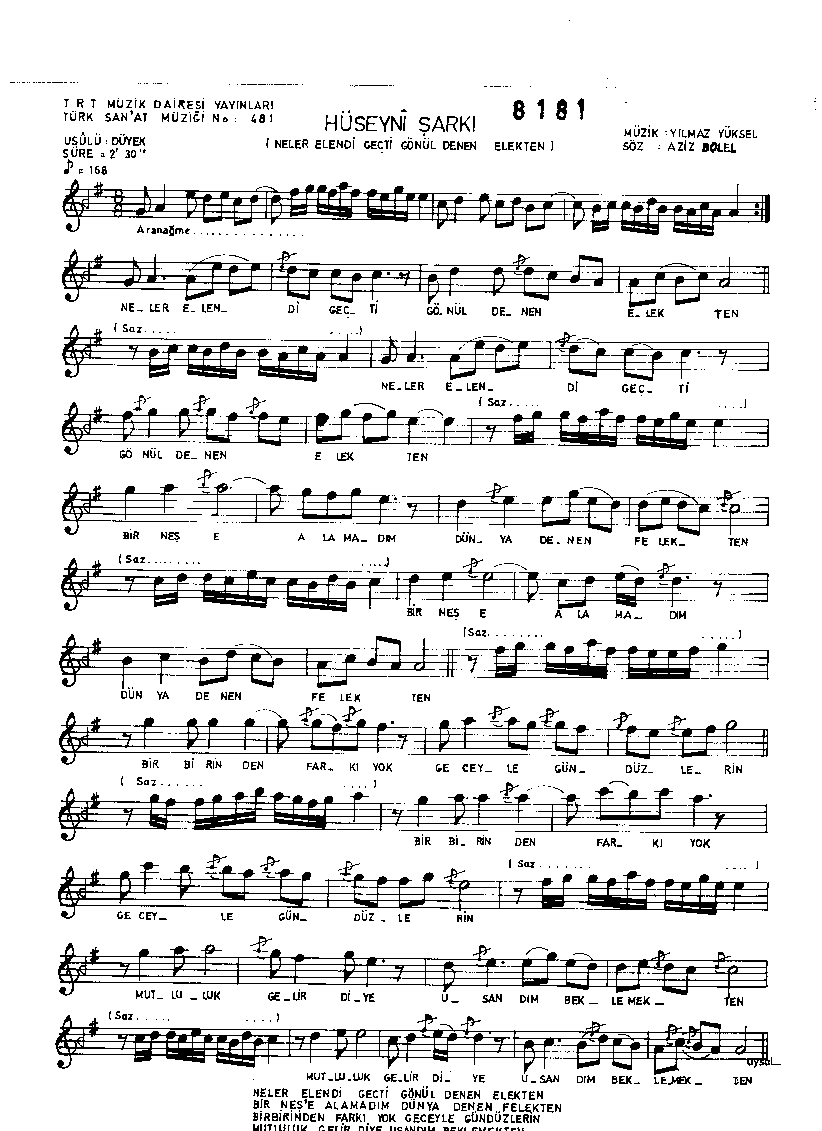 Hüseynî - Şarkı - Yılmaz Yüksel - Sayfa 1