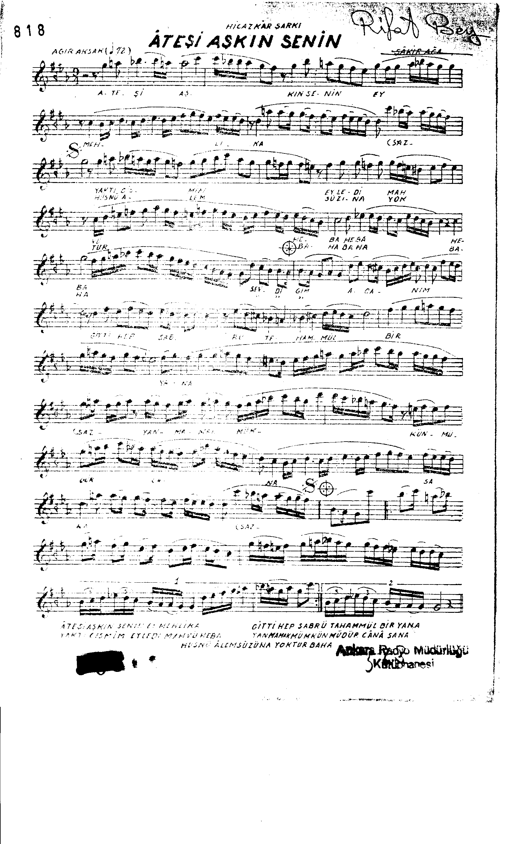 Hicâzkâr - Şarkı - Rif'at Bey - Sayfa 1