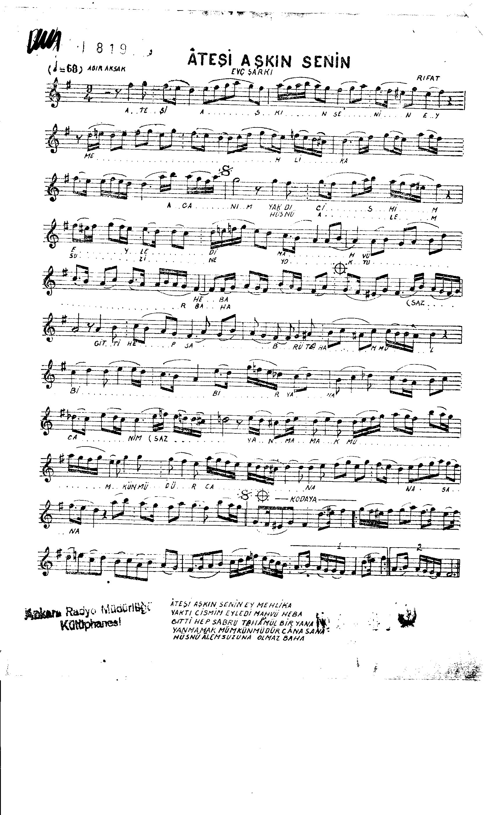 Evc - Şarkı - Rif'at Bey - Sayfa 1