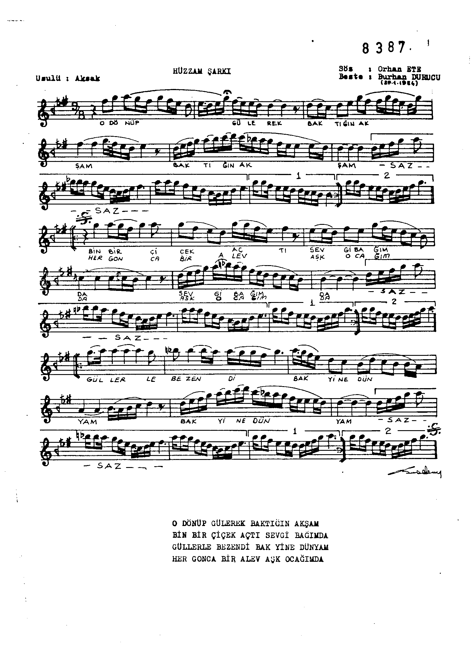 Hüzzâm - Şarkı - Burhan Durucu - Sayfa 1