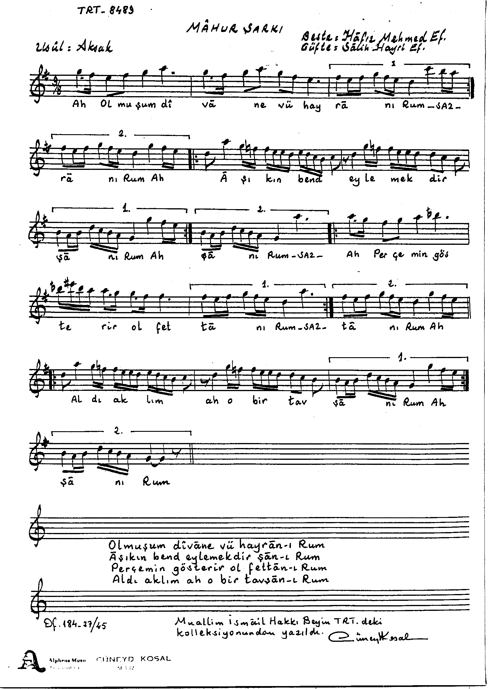 Mâhûr - Şarkı - Kömürcüzâde Mehmet Efendi H. - Sayfa 1