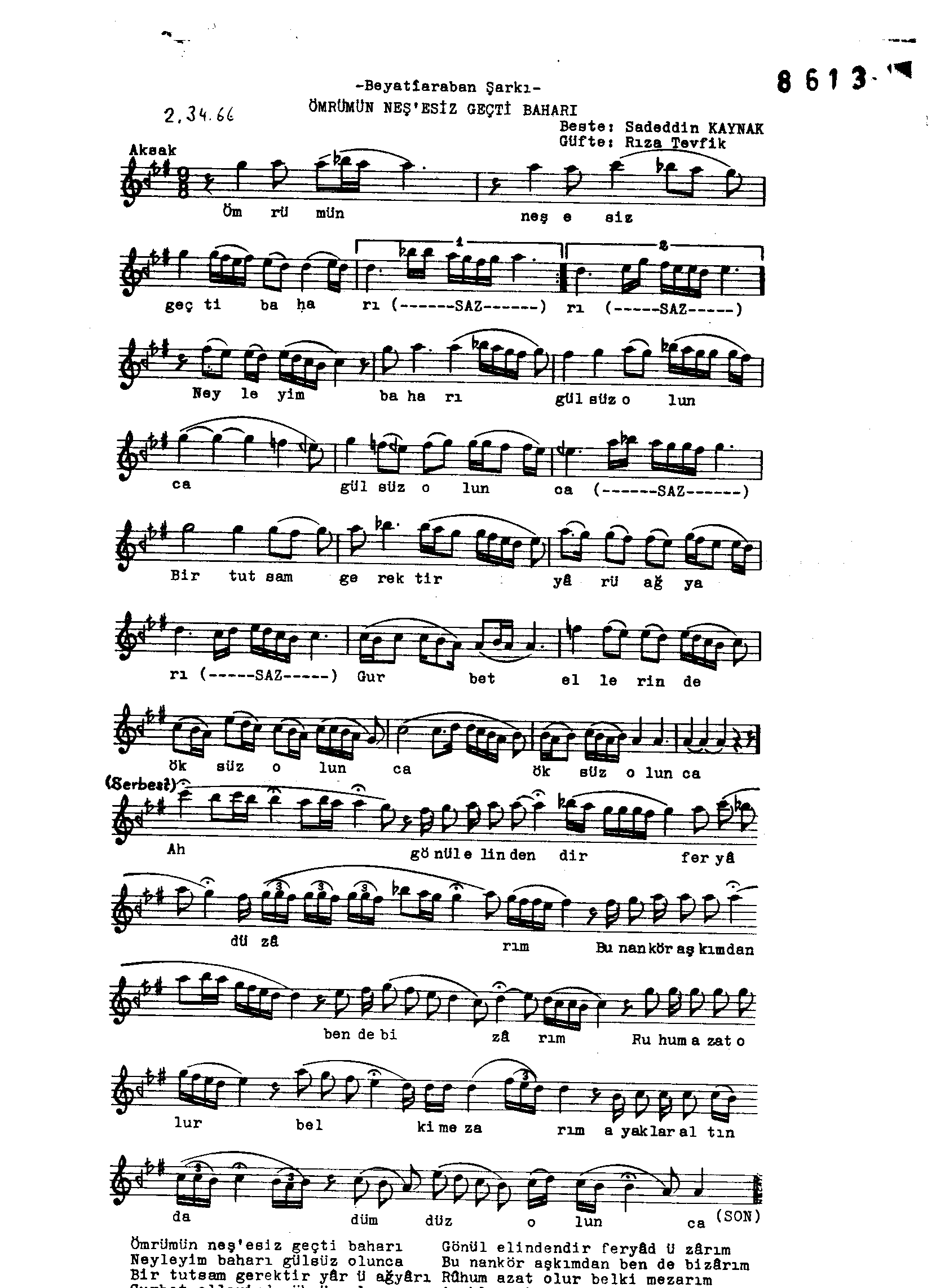 Beyâtî-Arabân - Şarkı - Sadettin Kaynak - Sayfa 1