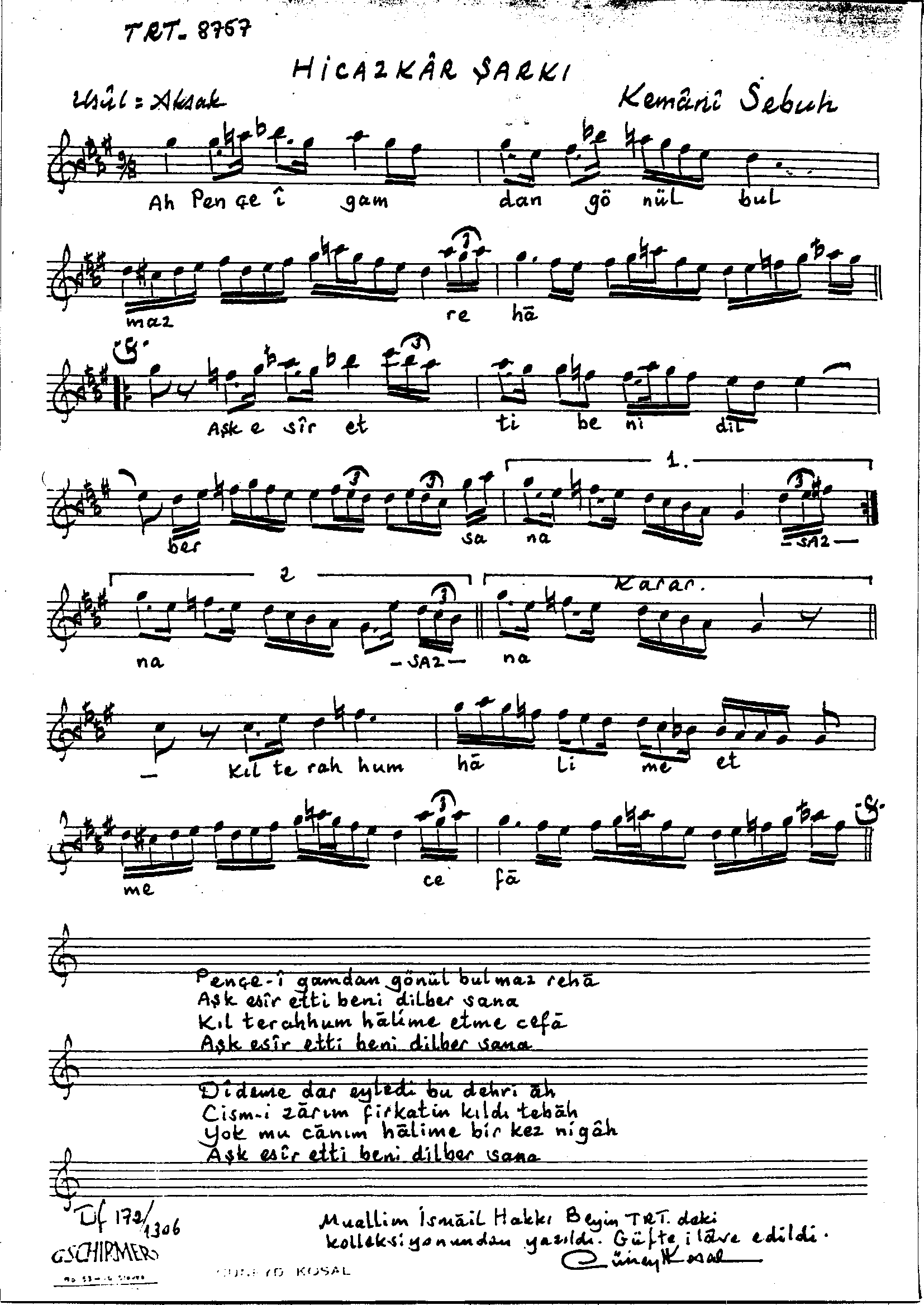 Hicâzkâr - Şarkı - Kemani Sebuh - Sayfa 1