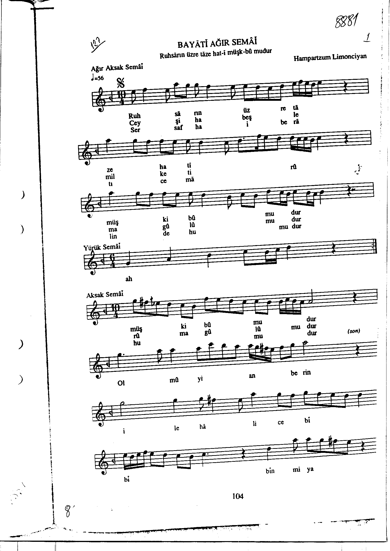 Beyâtî - Ağır Semai - Hamparsum Limoncuyan - Sayfa 1