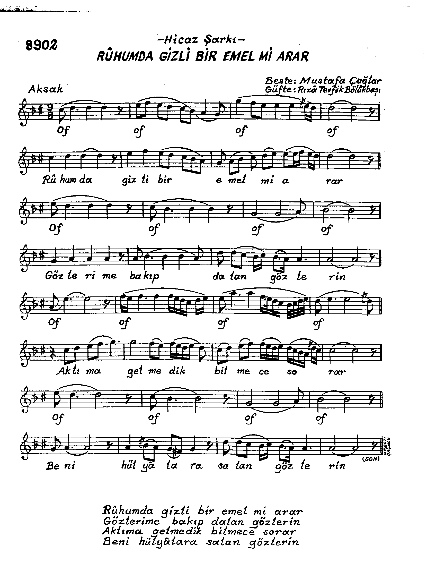 Hicâz - Şarkı - Mustafa Çağlar - Sayfa 1