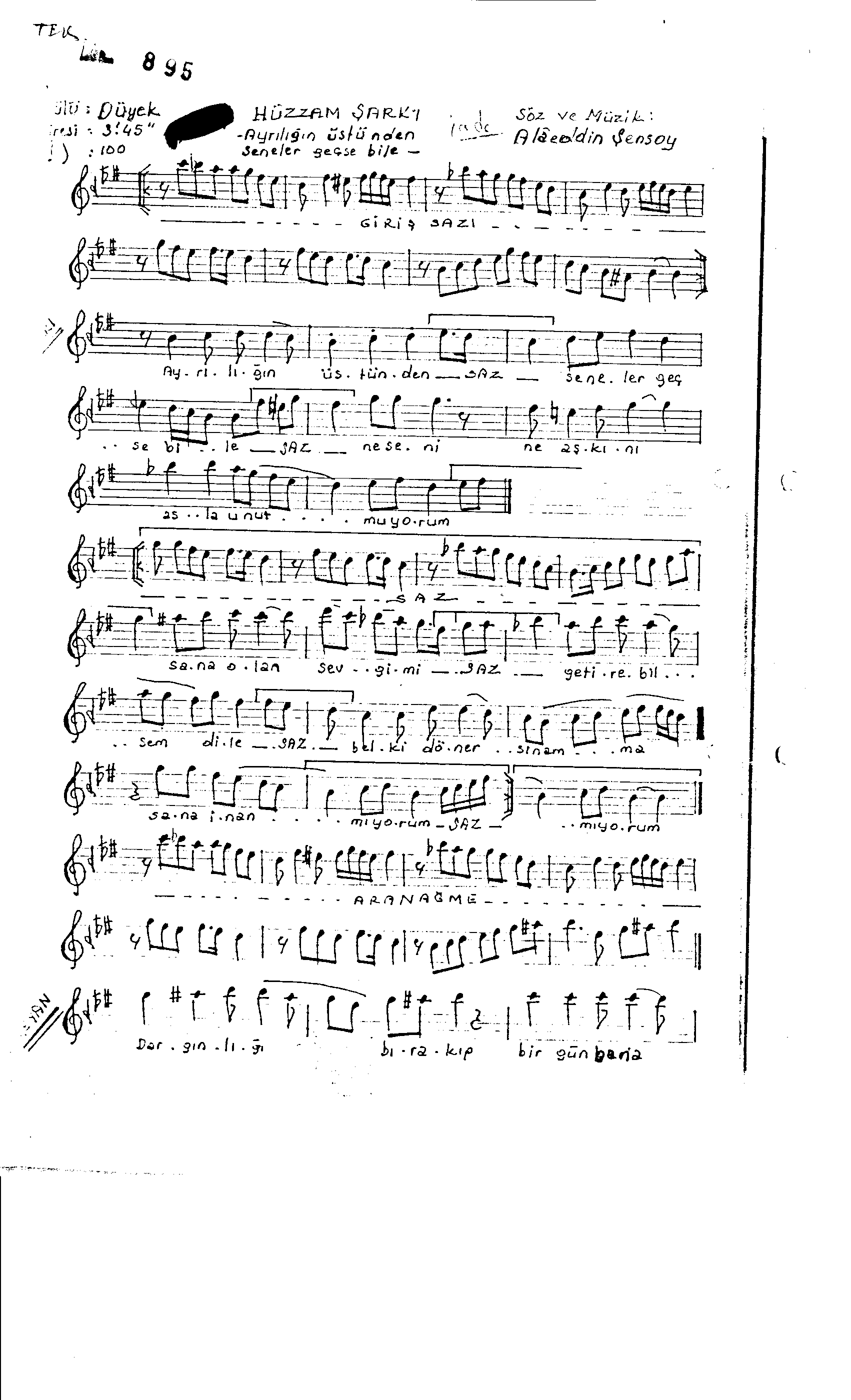 Hüzzâm - Şarkı - Alâeddin Şensoy - Sayfa 1