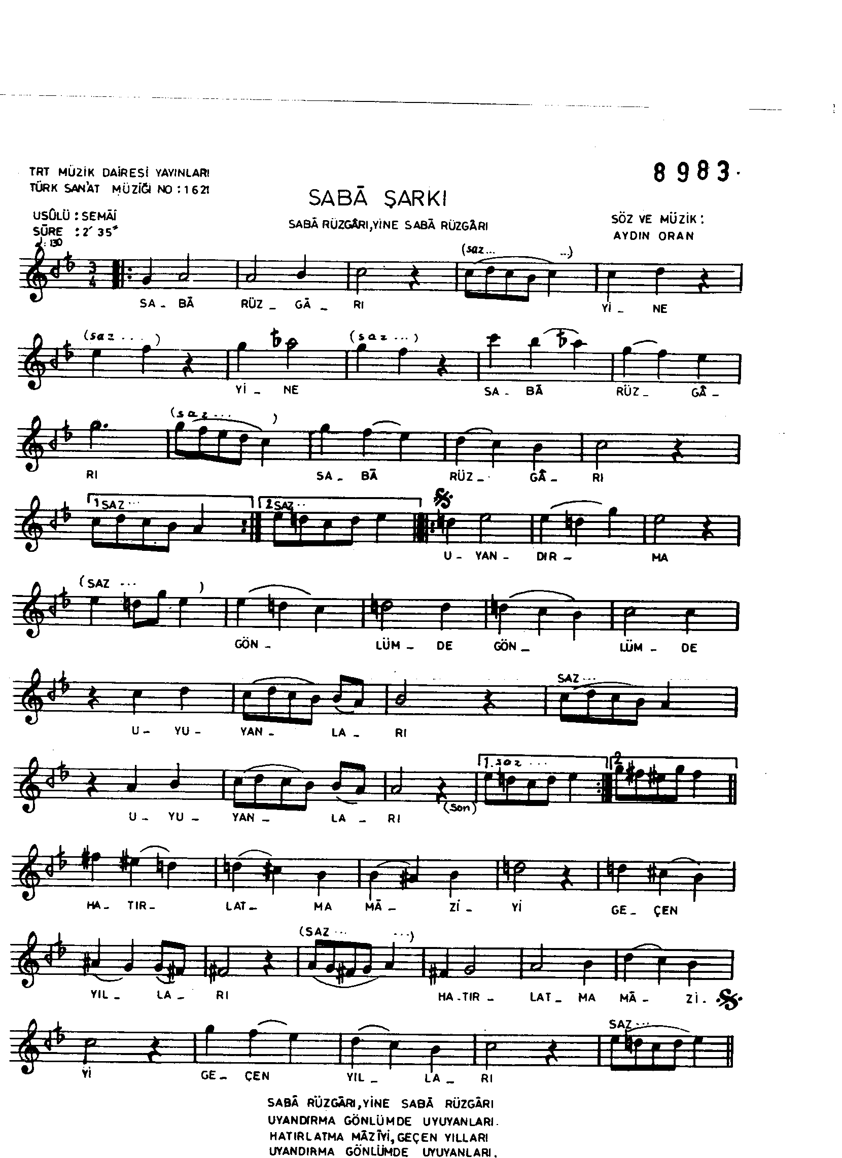 Sabâ - Şarkı - Aydın Oran - Sayfa 1