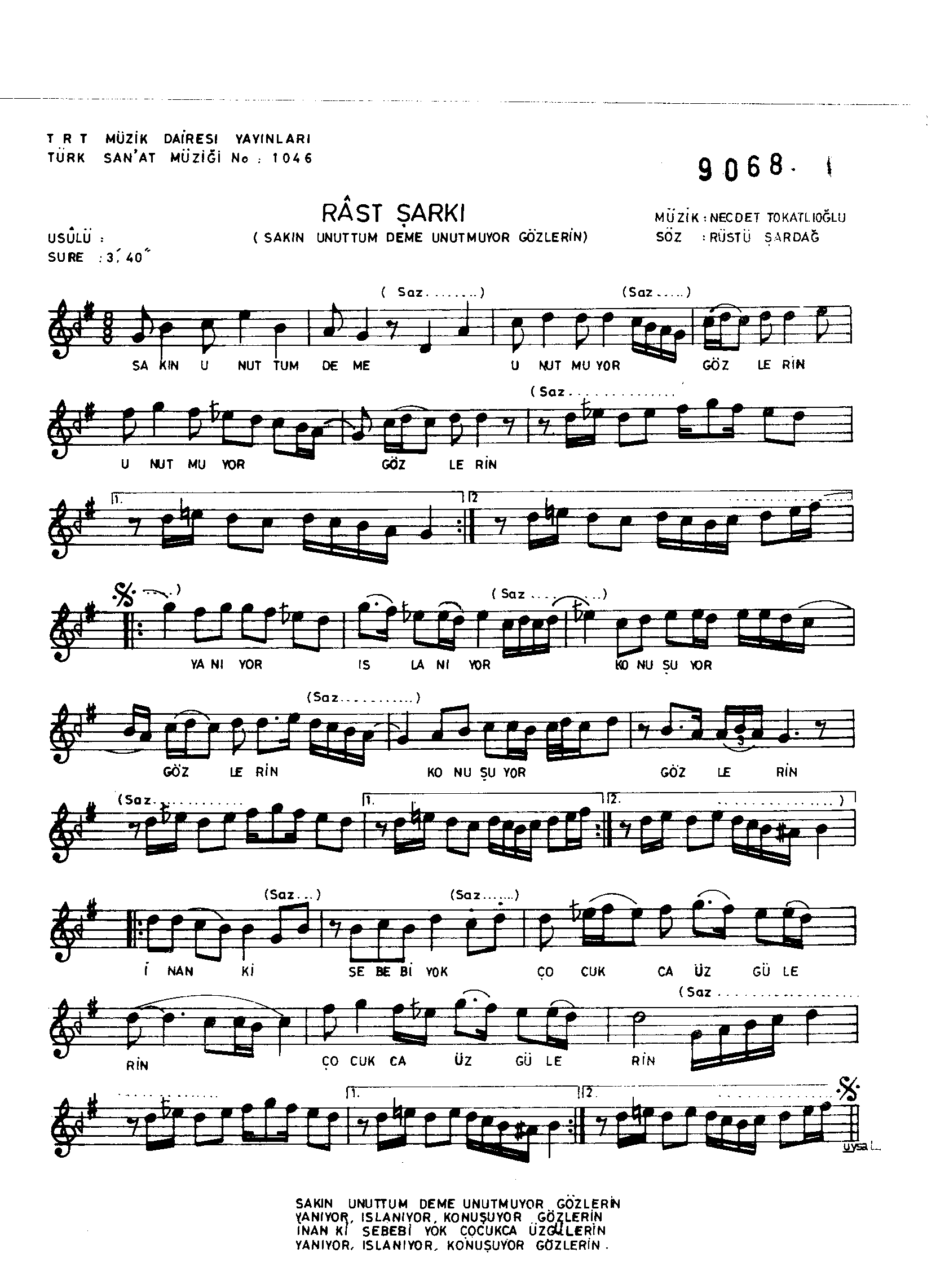 Rast - Şarkı - Necdet Tokatlıoğlu - Sayfa 1