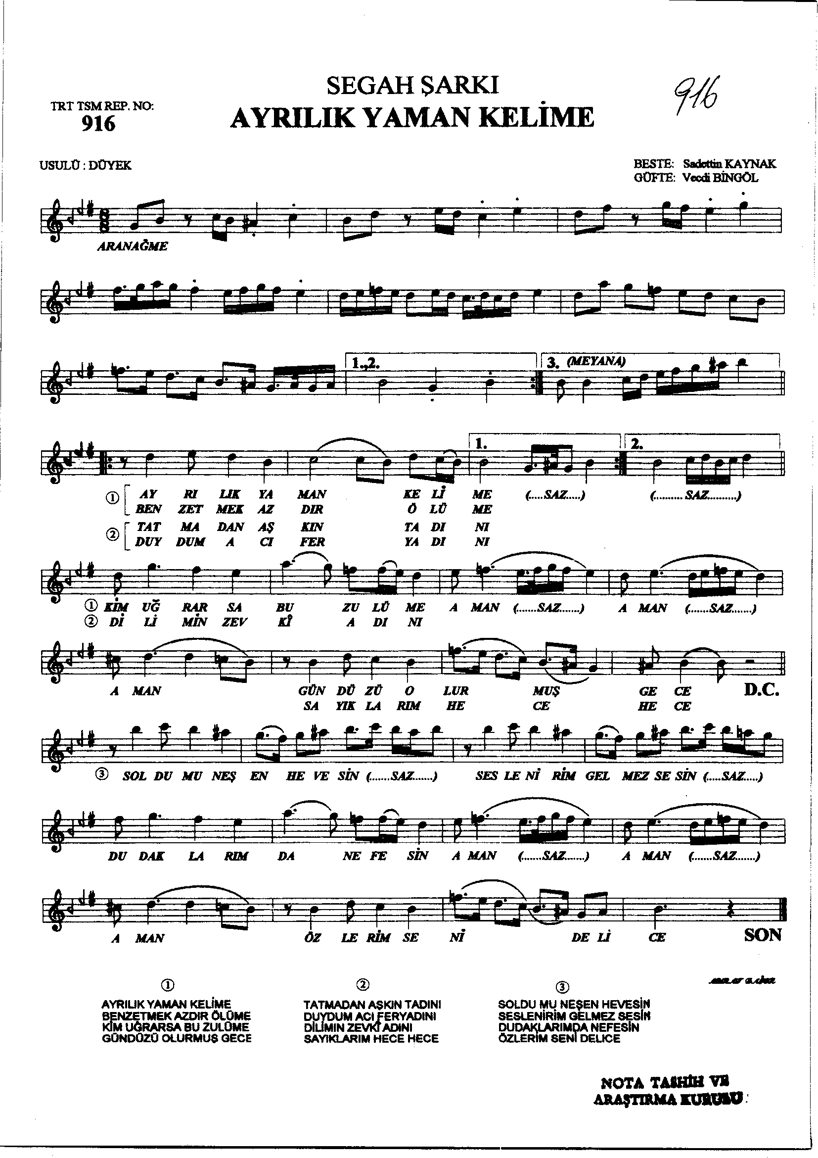 Segâh - Şarkı - Sadettin Kaynak - Sayfa 1