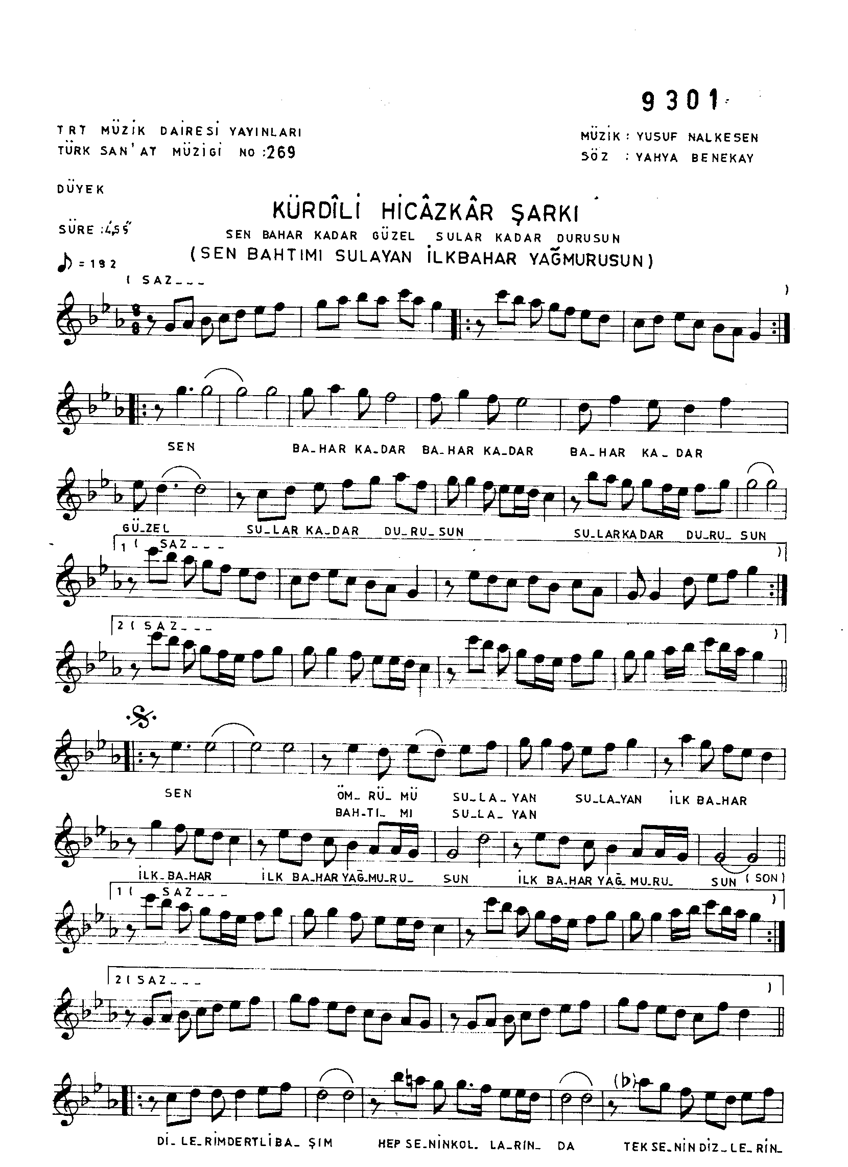 Kürdîlî Hicazkâr - Şarkı - Yusuf Nalkesen - Sayfa 1