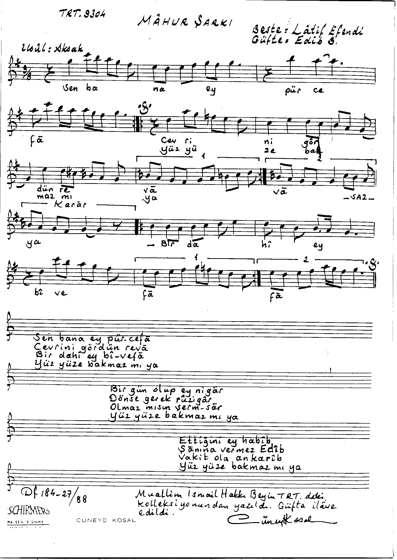 Mâhûr - Şarkı - Lâtif Efendi - Sayfa 1