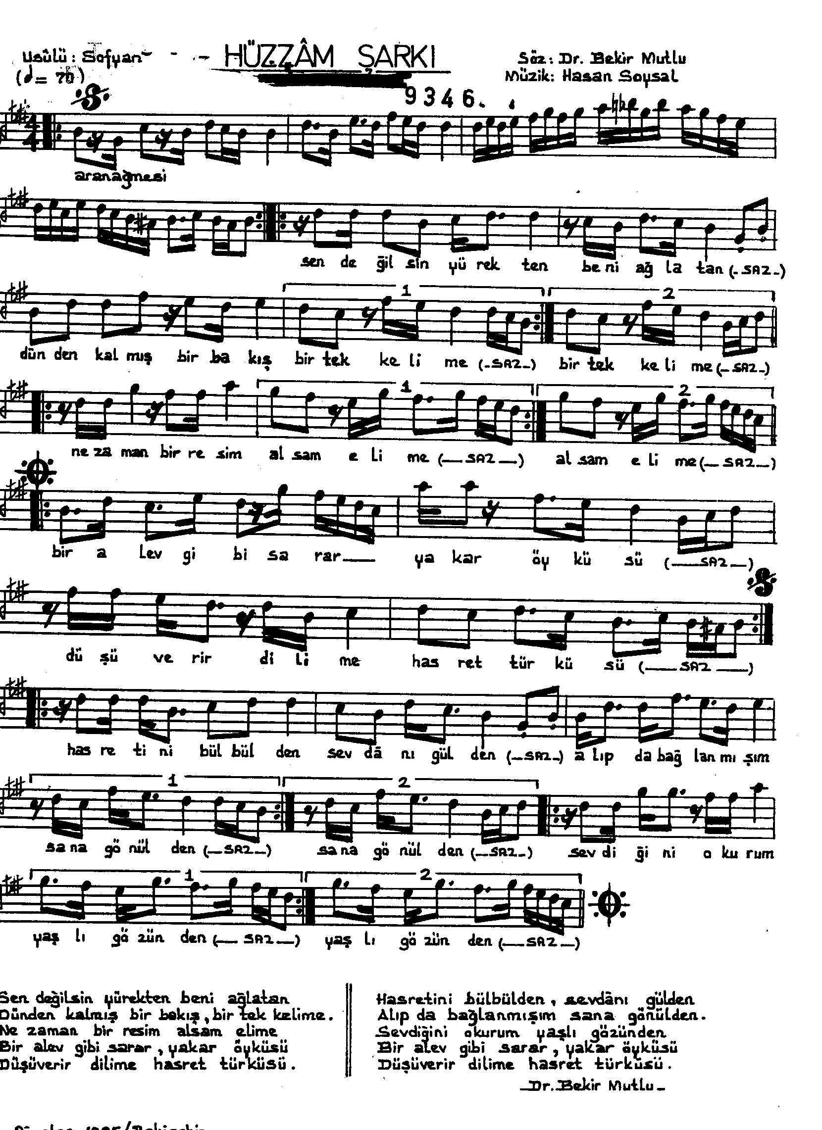 Hüzzâm - Şarkı - Hasan Soysal - Sayfa 1