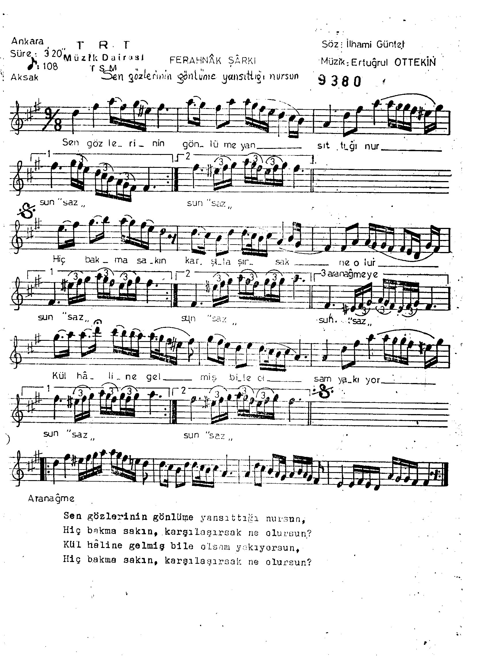 Ferahnâk - Şarkı - Ertuğrul Ottekin - Sayfa 1