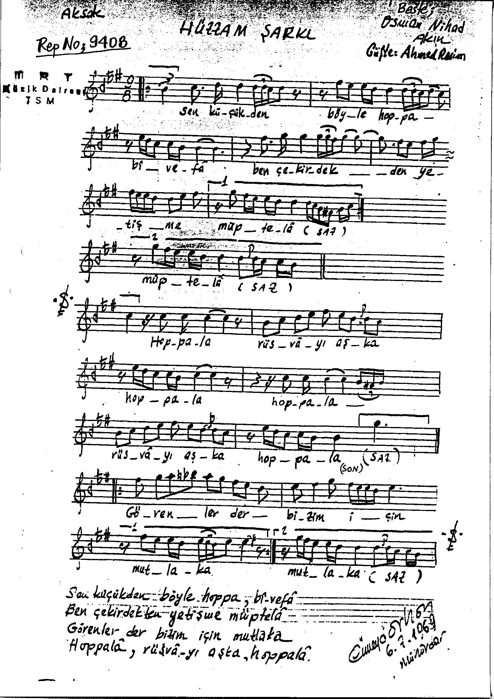 Hüzzâm - Şarkı - Osman Nihat Akın - Sayfa 1
