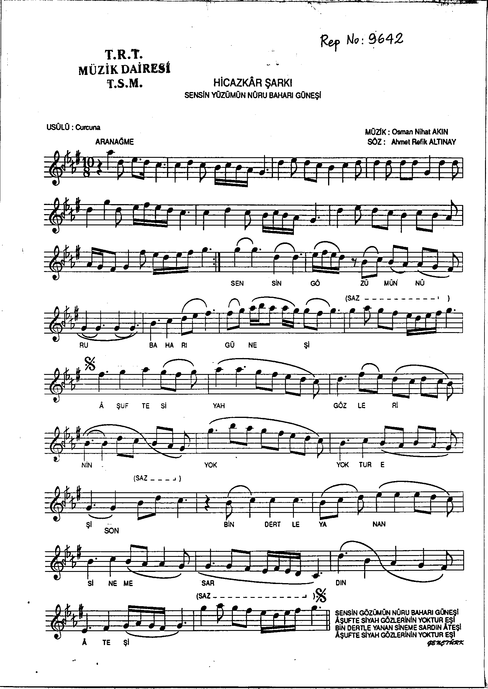 Hicâzkâr - Şarkı - Osman Nihat Akın - Sayfa 1