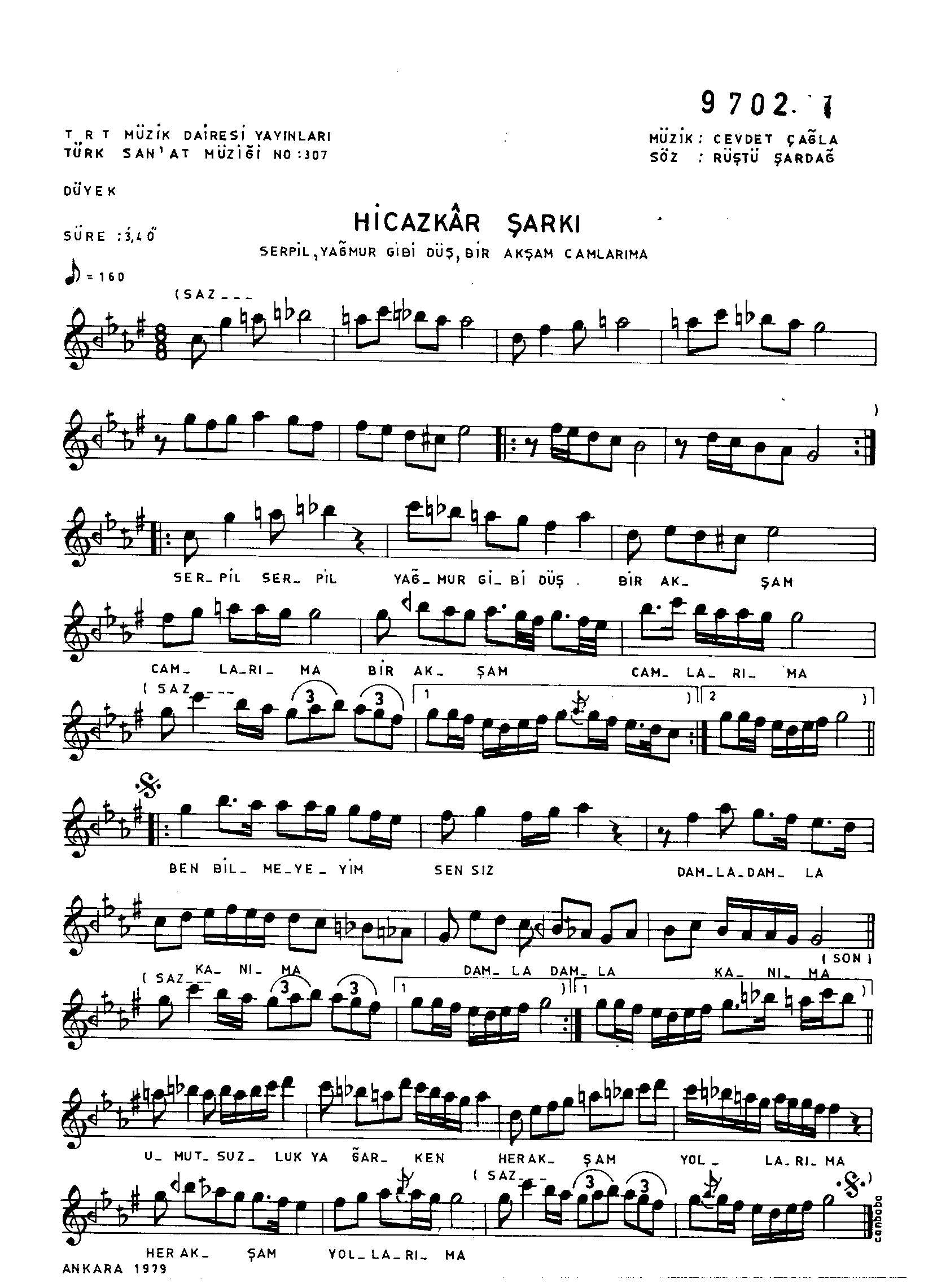 Hicâzkâr - Şarkı - Cevdet Çağla - Sayfa 1