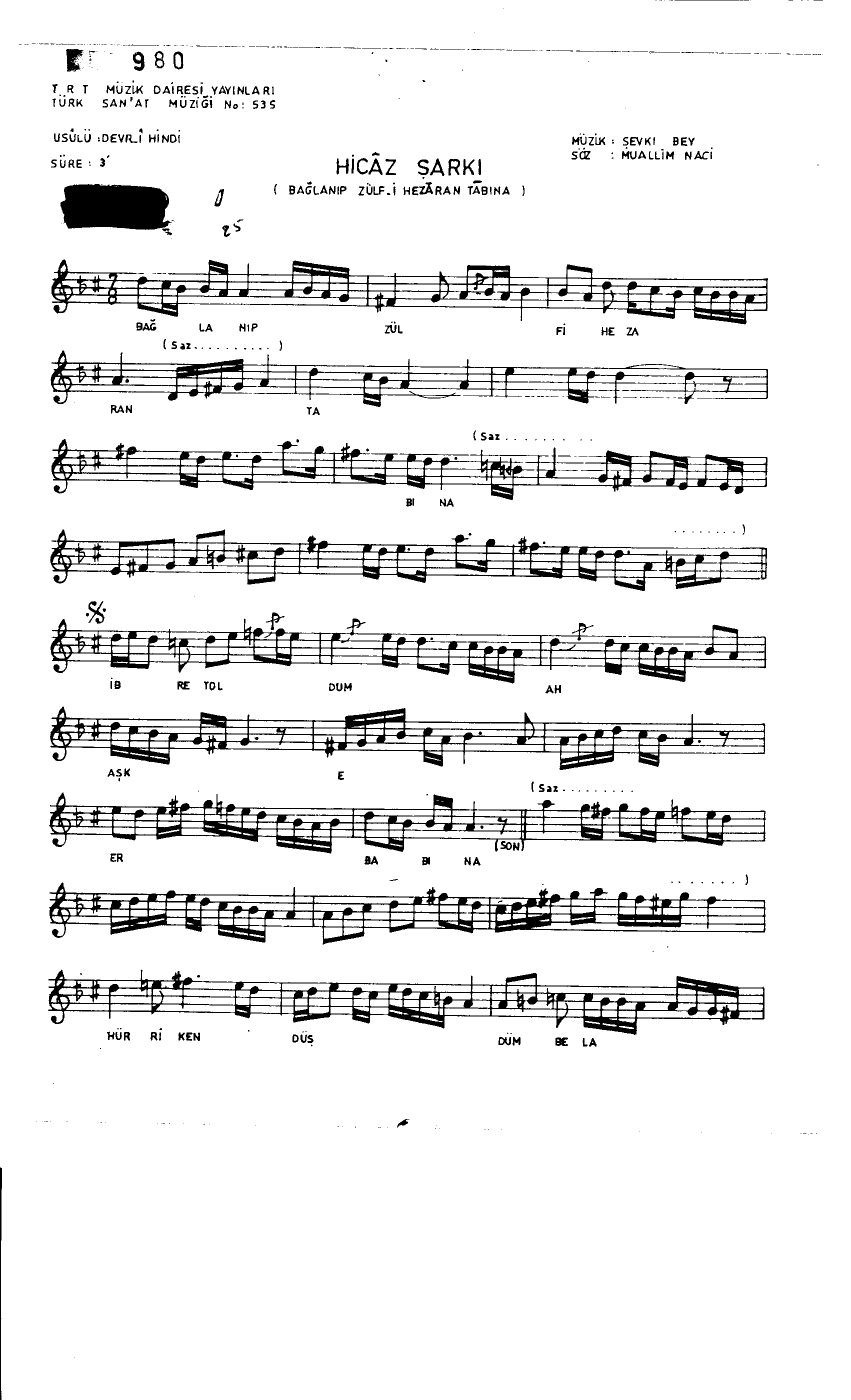 Hicâz - Şarkı - Şevkî Bey - Sayfa 1